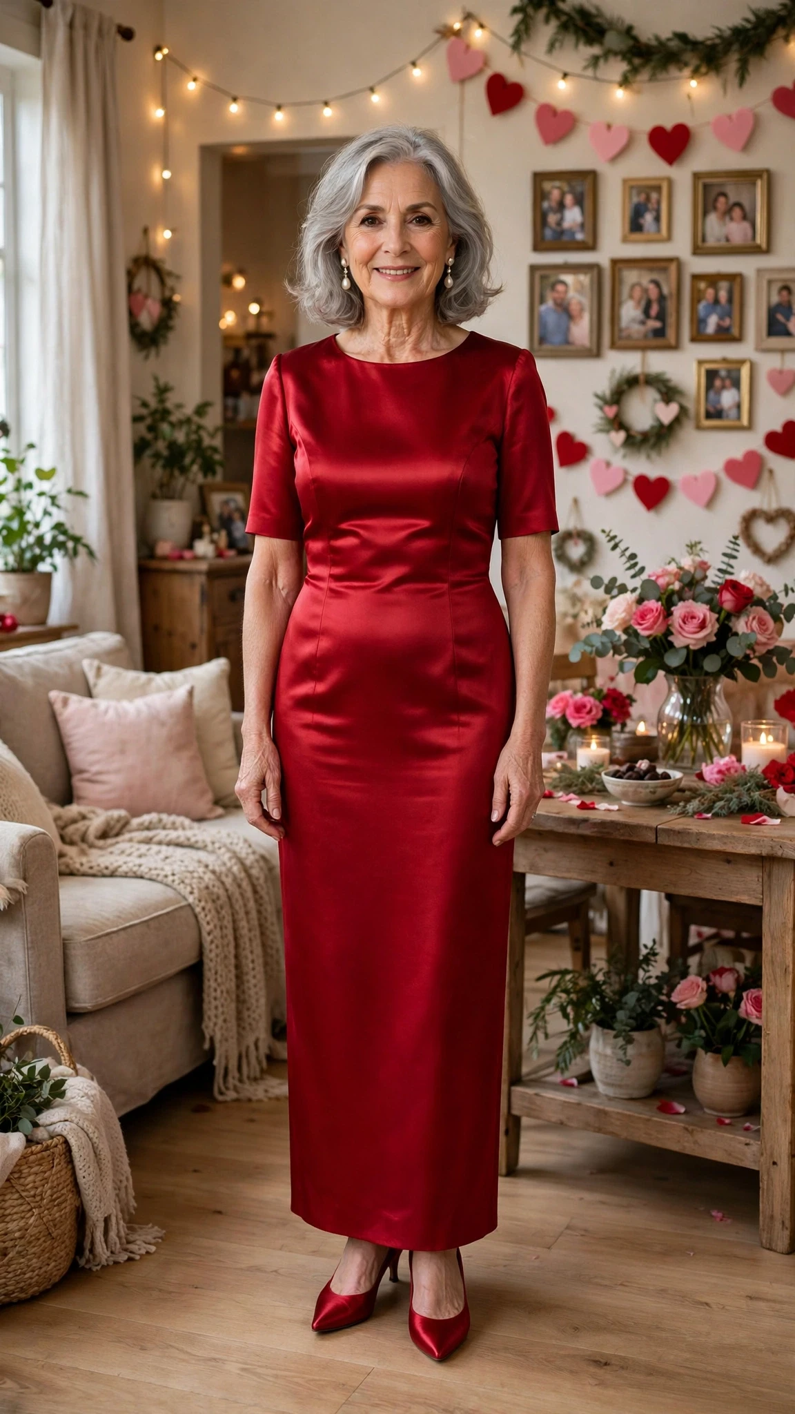 50 Women Over 60 Red Satin Dress Outfits for Valentine Dates That Are Chic, Romantic and Elegant 16 Red Satin Sheath Dress with pearl drop earrings