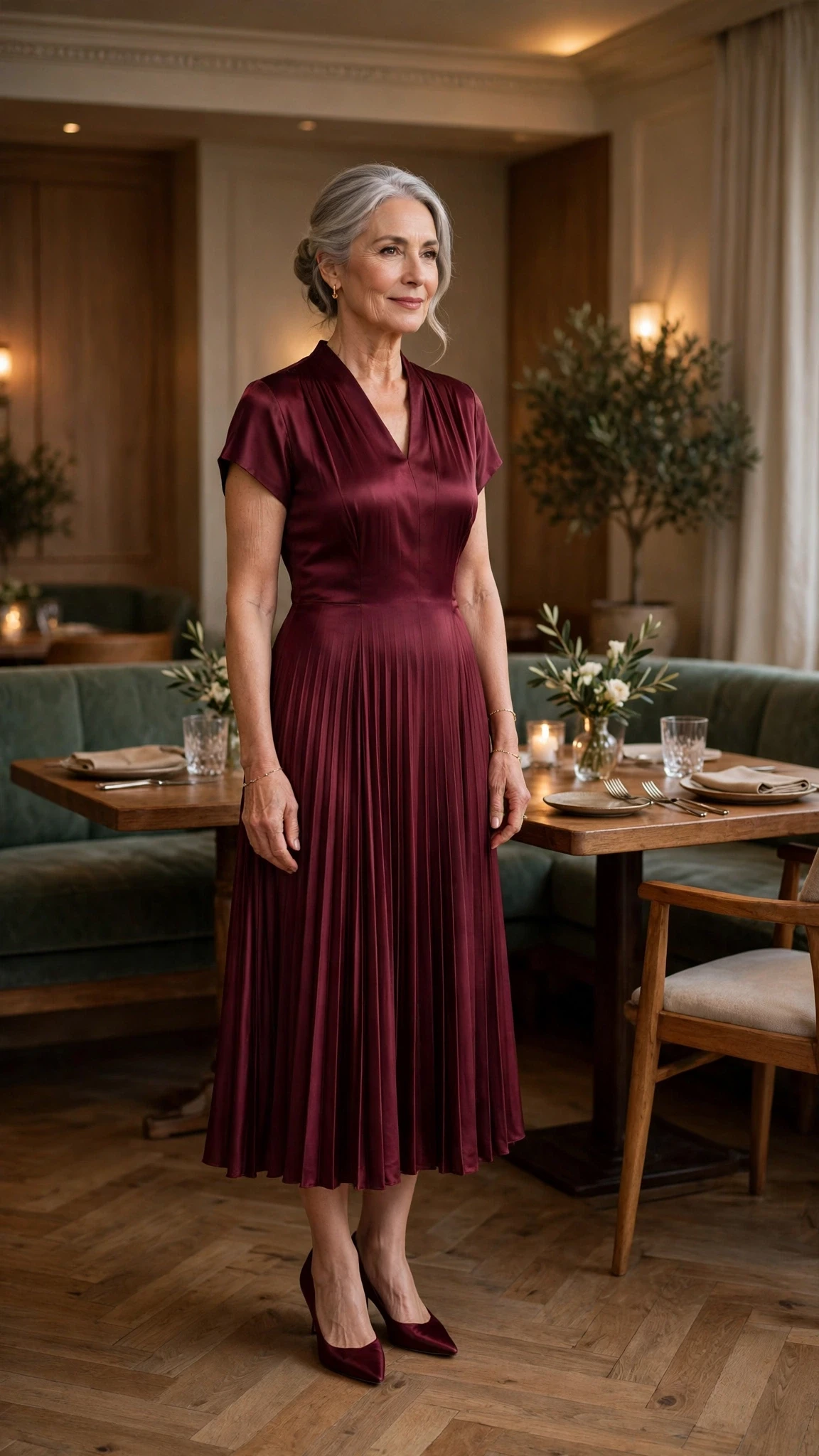 50 Women Over 60 Red Satin Dress Outfits for Valentine Dates That Are Chic, Romantic and Elegant 17 Burgundy Satin Pleated Midi Dress with a delicate gold bracelet
