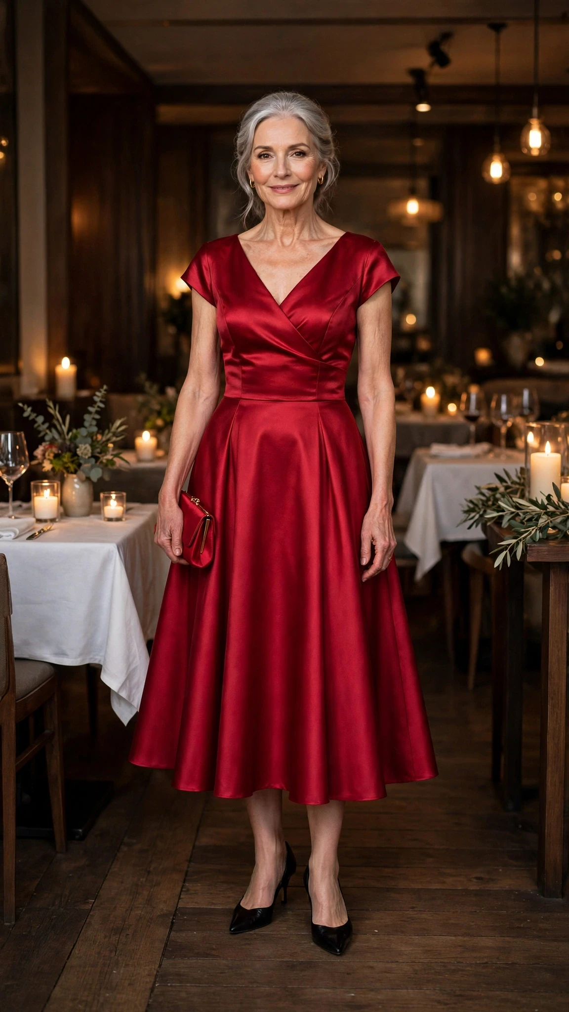 50 Women Over 60 Red Satin Dress Outfits for Valentine Dates That Are Chic, Romantic and Elegant 18 Crimson Satin Fit-and-Flare Dress with a red clutch