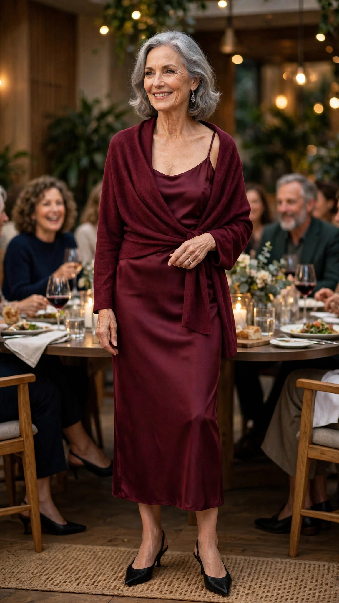 50 Women Over 60 Red Satin Dress Outfits for Valentine Dates That Are Chic, Romantic and Elegant 22 Burgundy Satin Slip Dress with a Wrap Jacket with silver drop earrings