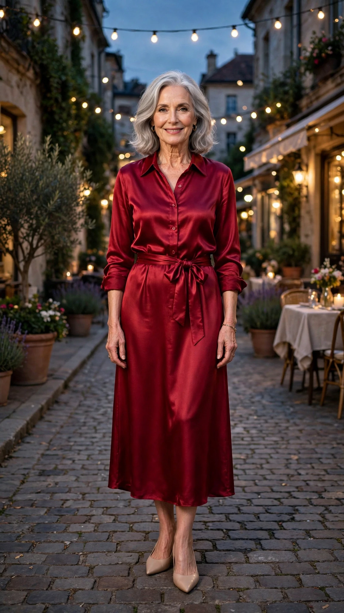 50 Women Over 60 Red Satin Dress Outfits for Valentine Dates That Are Chic, Romantic and Elegant 23 Ruby Satin Shirt Dress with nude pointed flats