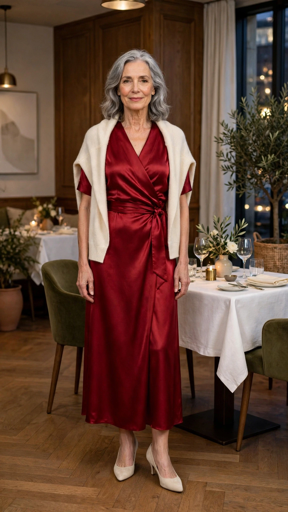 50 Women Over 60 Red Satin Dress Outfits for Valentine Dates That Are Chic, Romantic and Elegant 25 Scarlet Satin Wrap Dress with a cream wrap
