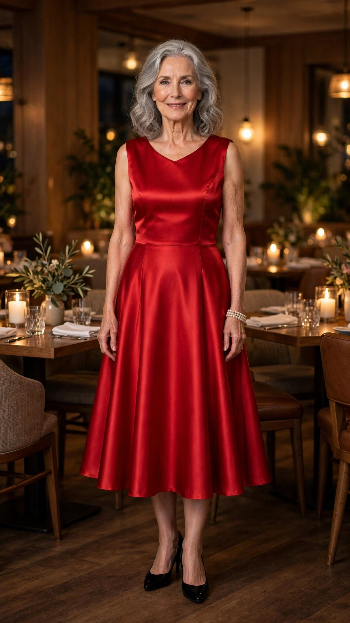 50 Women Over 60 Red Satin Dress Outfits for Valentine Dates That Are Chic, Romantic and Elegant 26 Scarlet Satin A-Line Dress with a pearl bracelet
