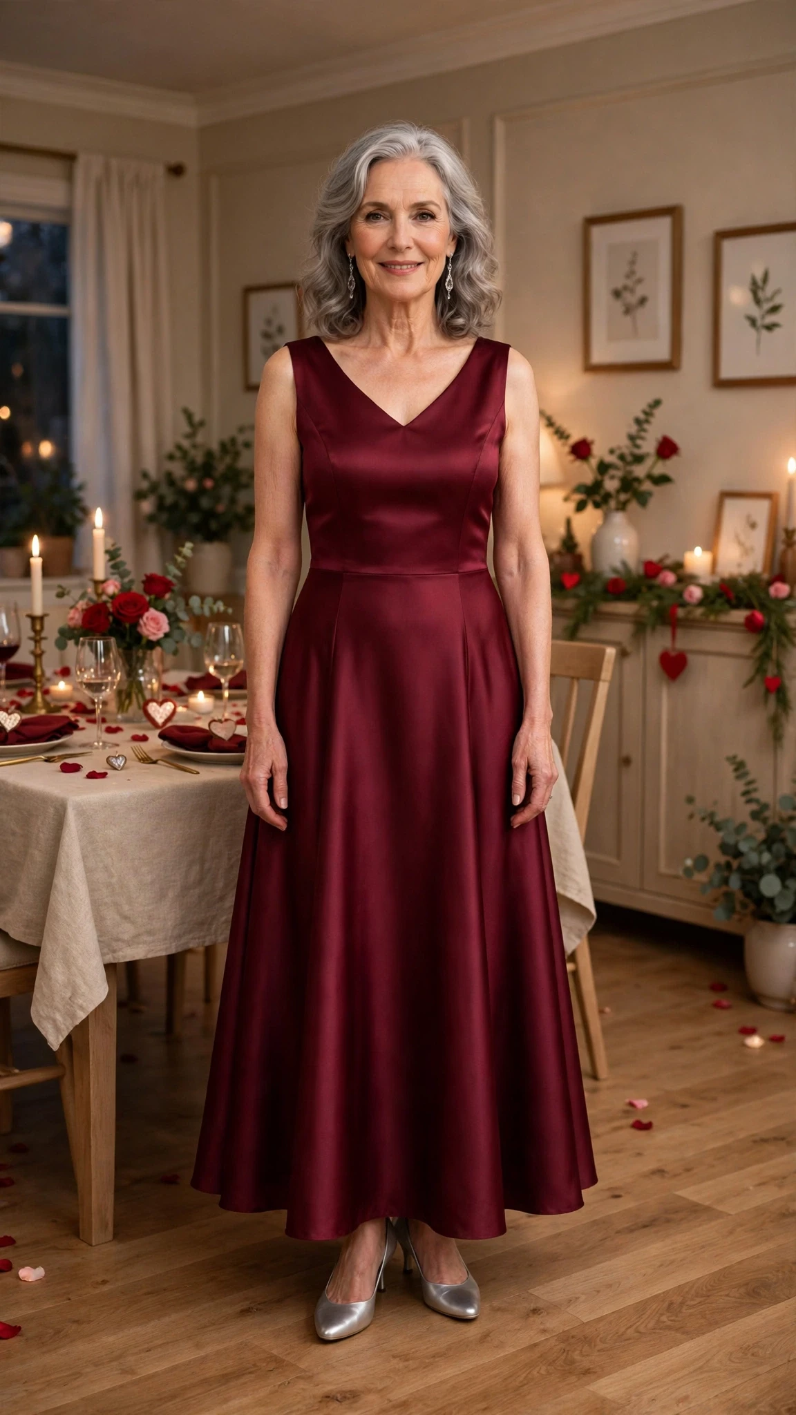 50 Women Over 60 Red Satin Dress Outfits for Valentine Dates That Are Chic, Romantic and Elegant 27 Burgundy Satin A-Line Dress with silver drop earrings