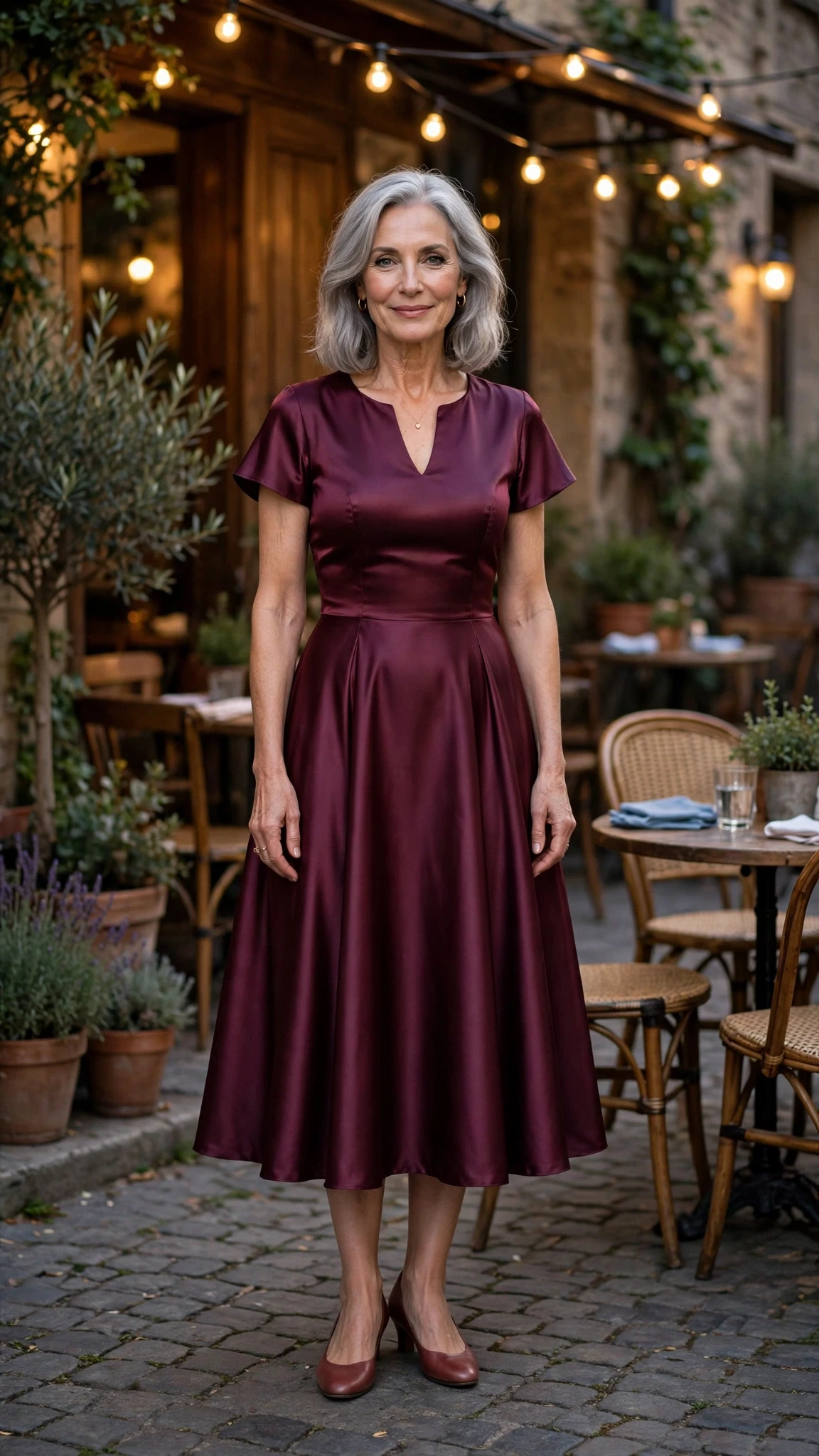 50 Women Over 60 Red Satin Dress Outfits for Valentine Dates That Are Chic, Romantic and Elegant 28 Wine Satin Fit-and-Flare Dress with comfortable low heels