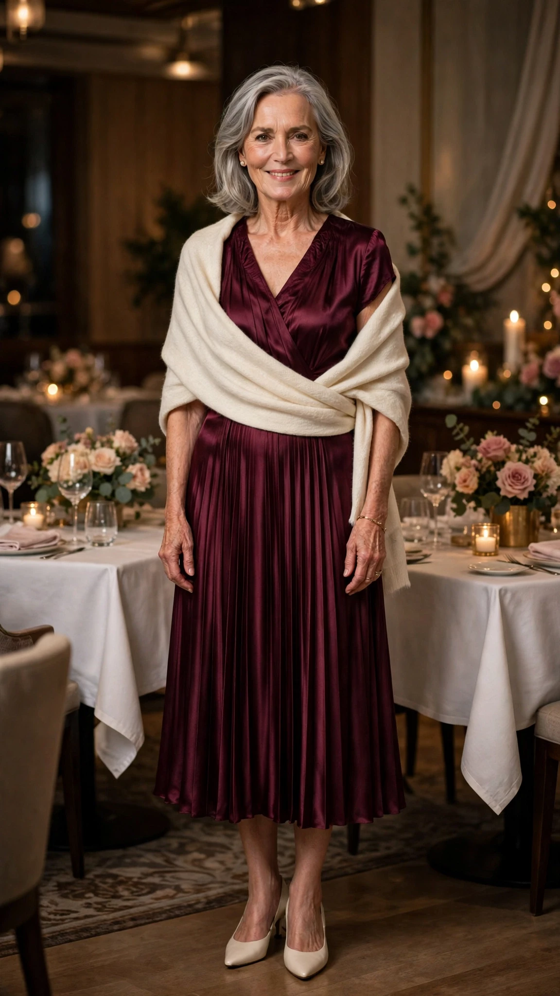 50 Women Over 60 Red Satin Dress Outfits for Valentine Dates That Are Chic, Romantic and Elegant 29 Wine Satin Pleated Midi Dress with a cream wrap