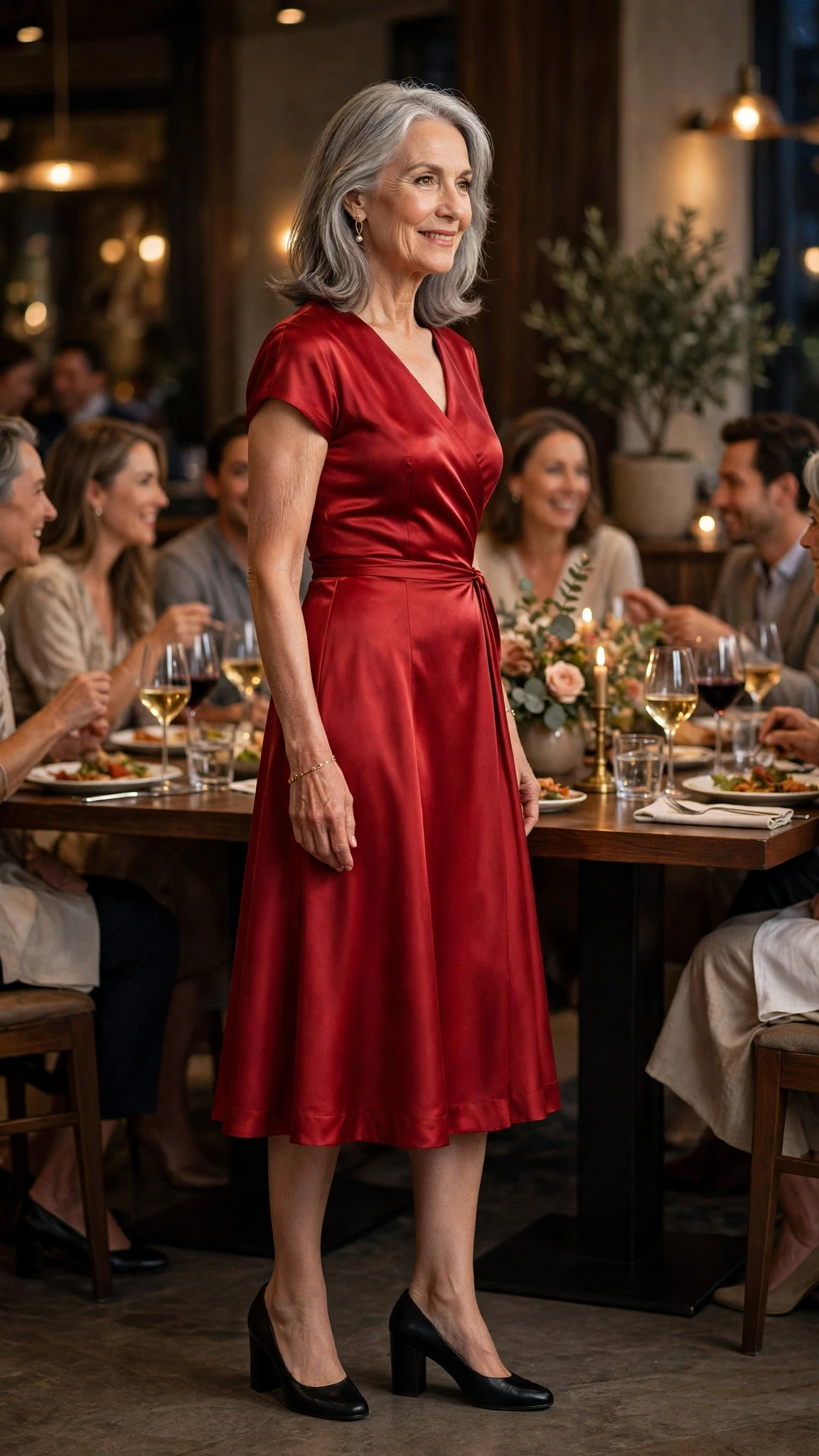 50 Women Over 60 Red Satin Dress Outfits for Valentine Dates That Are Chic, Romantic and Elegant 30 Red Satin Tea-Length Dress with black block-heel pumps