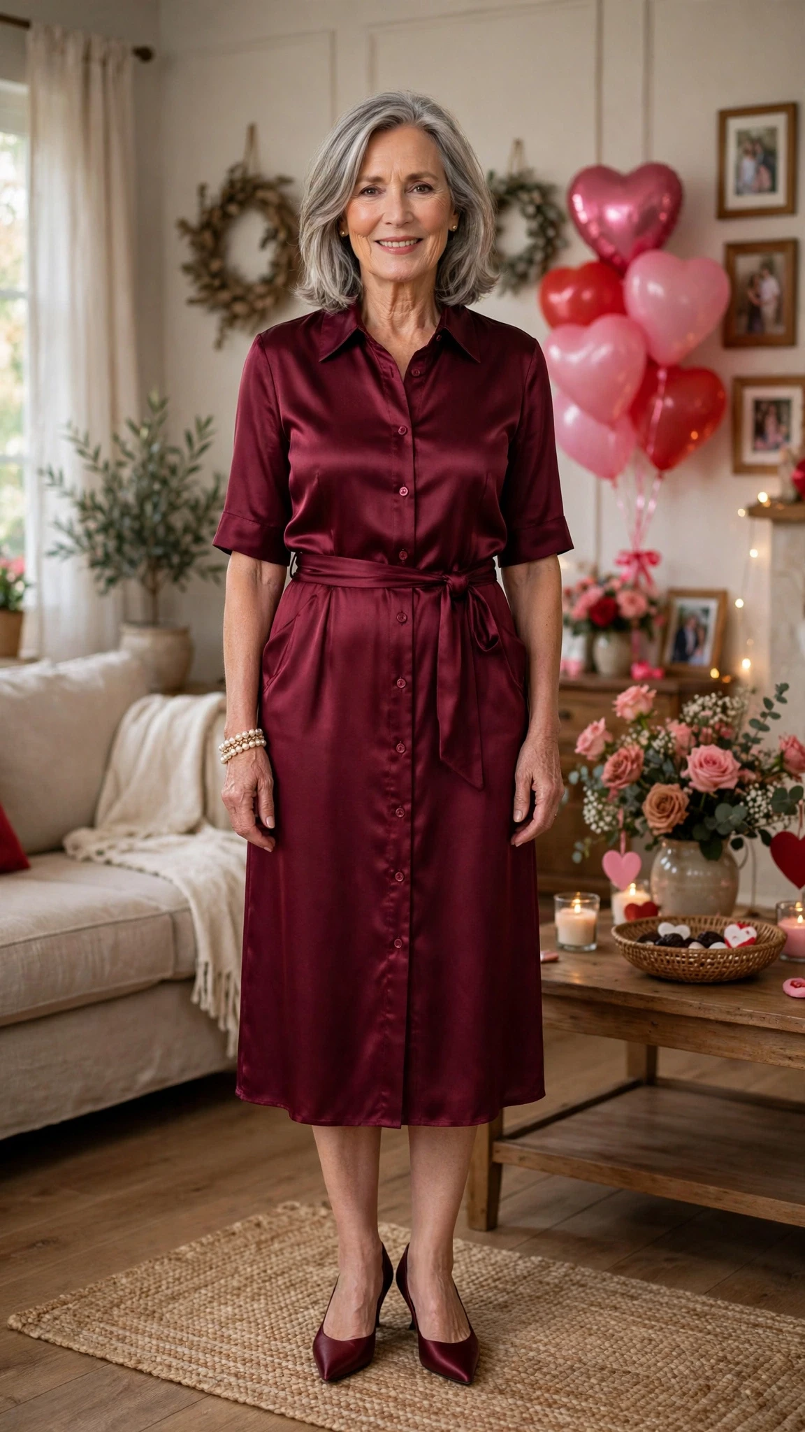 50 Women Over 60 Red Satin Dress Outfits for Valentine Dates That Are Chic, Romantic and Elegant 32 Burgundy Satin Shirt Dress with a pearl bracelet