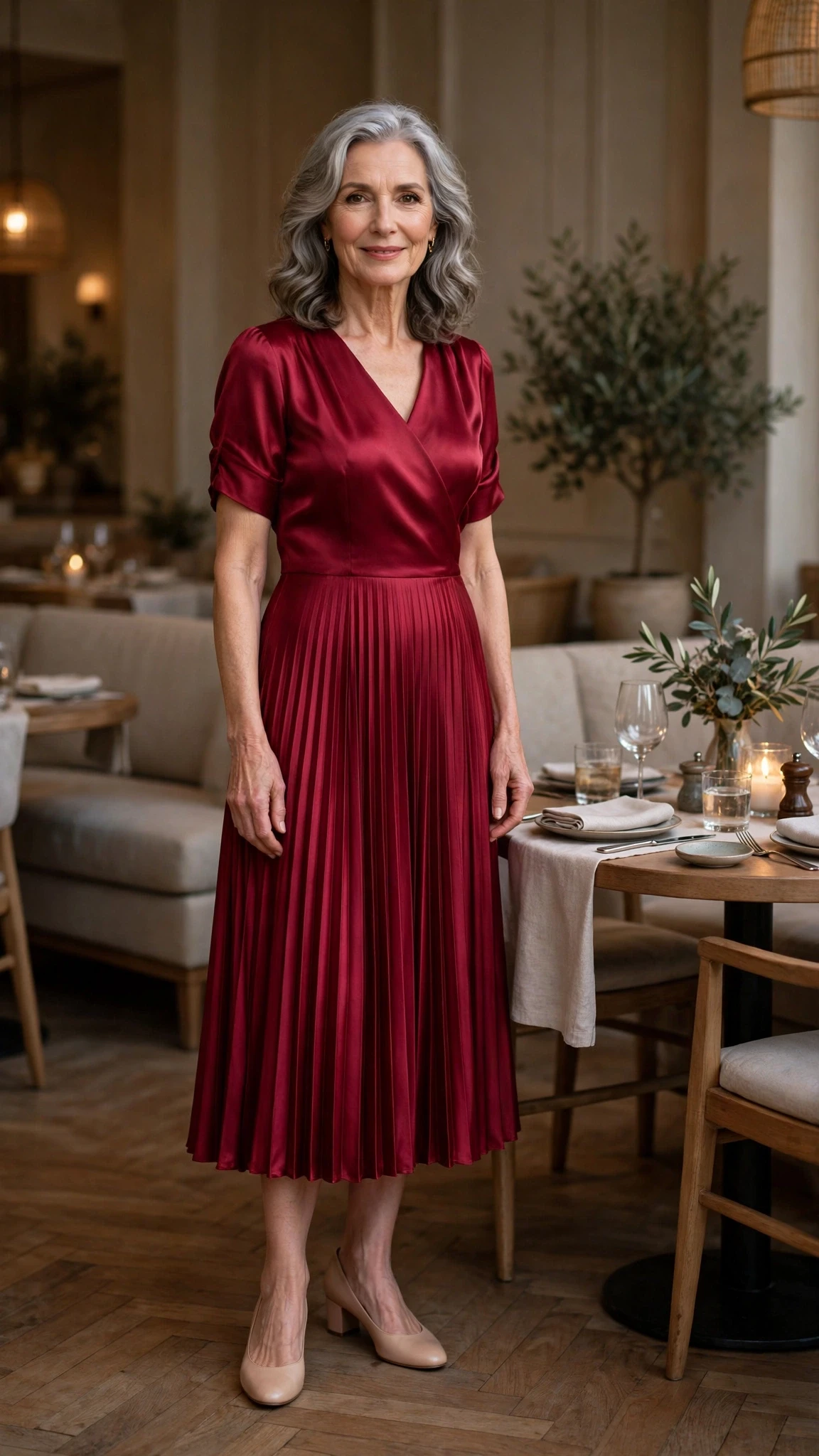 50 Women Over 60 Red Satin Dress Outfits for Valentine Dates That Are Chic, Romantic and Elegant 33 Ruby Satin Pleated Midi Dress with comfortable low heels