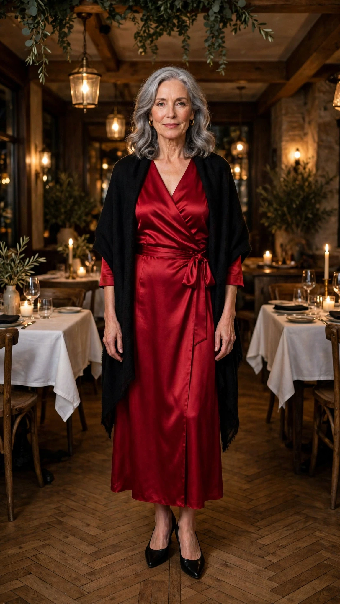 50 Women Over 60 Red Satin Dress Outfits for Valentine Dates That Are Chic, Romantic and Elegant 34 Crimson Satin Wrap Dress with a soft black shawl
