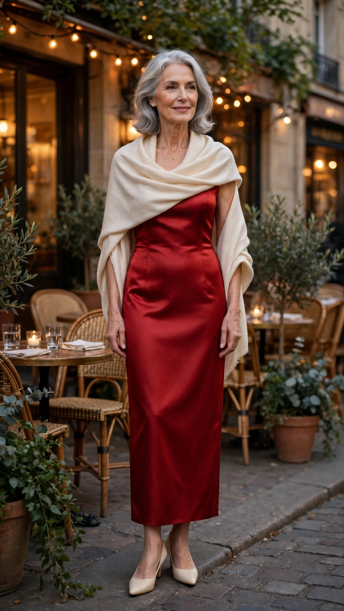 50 Women Over 60 Red Satin Dress Outfits for Valentine Dates That Are Chic, Romantic and Elegant 36 Scarlet Satin Sheath Dress with a cream wrap