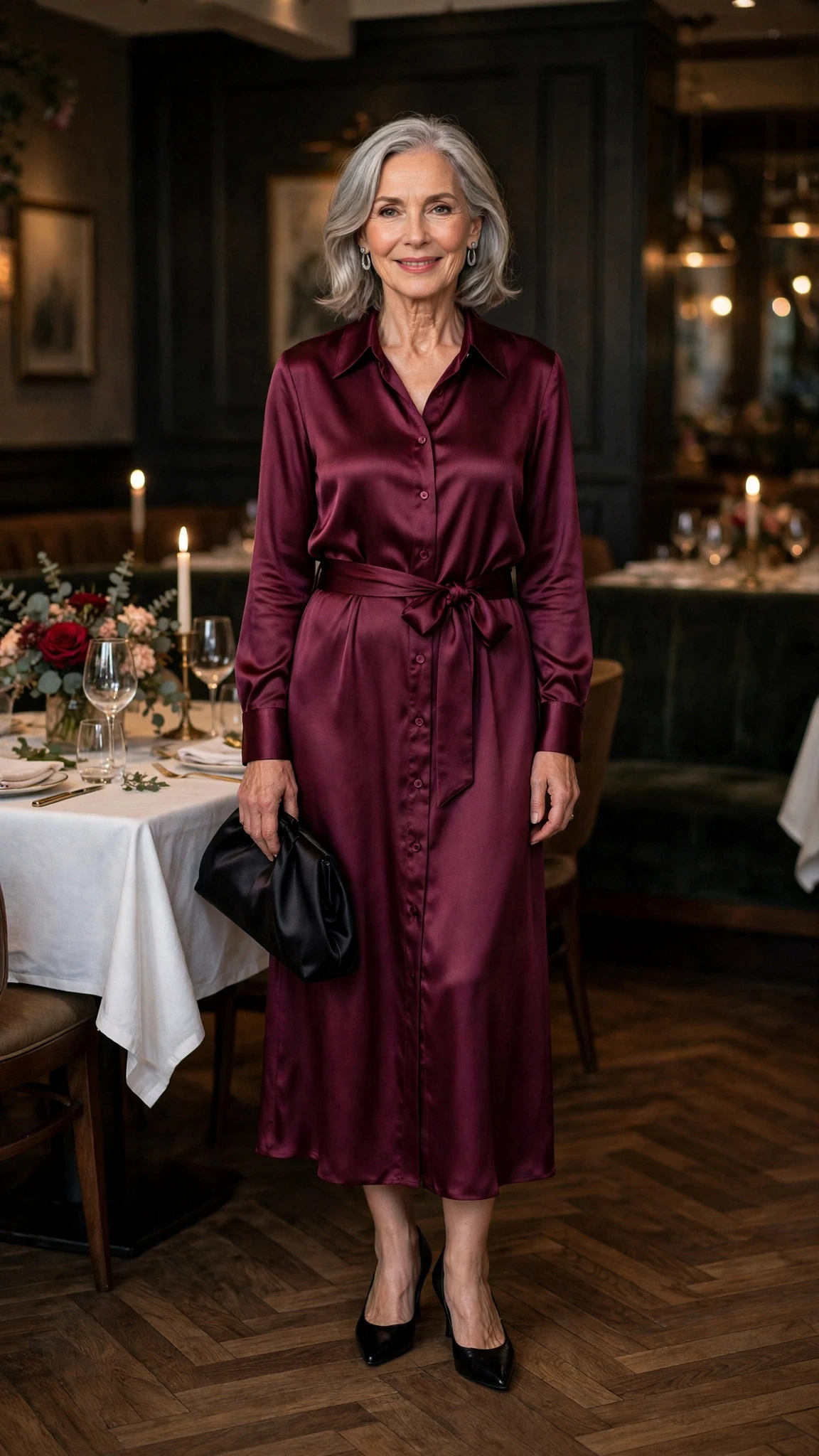 50 Women Over 60 Red Satin Dress Outfits for Valentine Dates That Are Chic, Romantic and Elegant 37 Wine Satin Shirt Dress with a black satin clutch