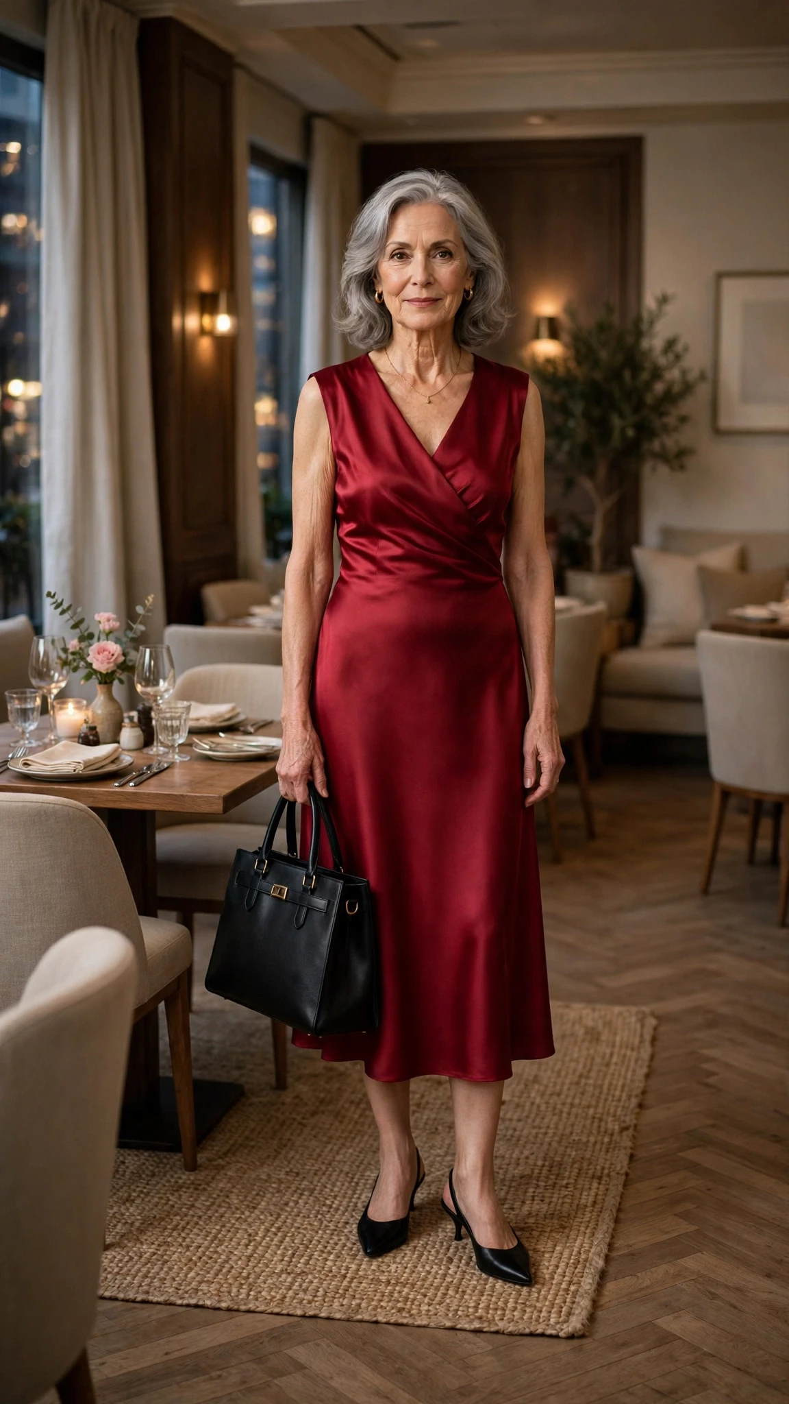 50 Women Over 60 Red Satin Dress Outfits for Valentine Dates That Are Chic, Romantic and Elegant 41 Cherry Satin Midi Dress with a structured tote