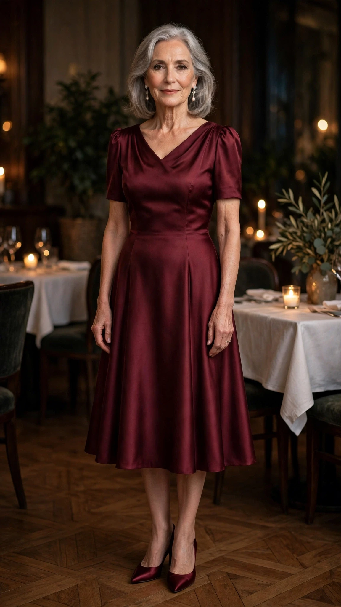 50 Women Over 60 Red Satin Dress Outfits for Valentine Dates That Are Chic, Romantic and Elegant 42 Burgundy Satin Tea-Length Dress with pearl drop earrings