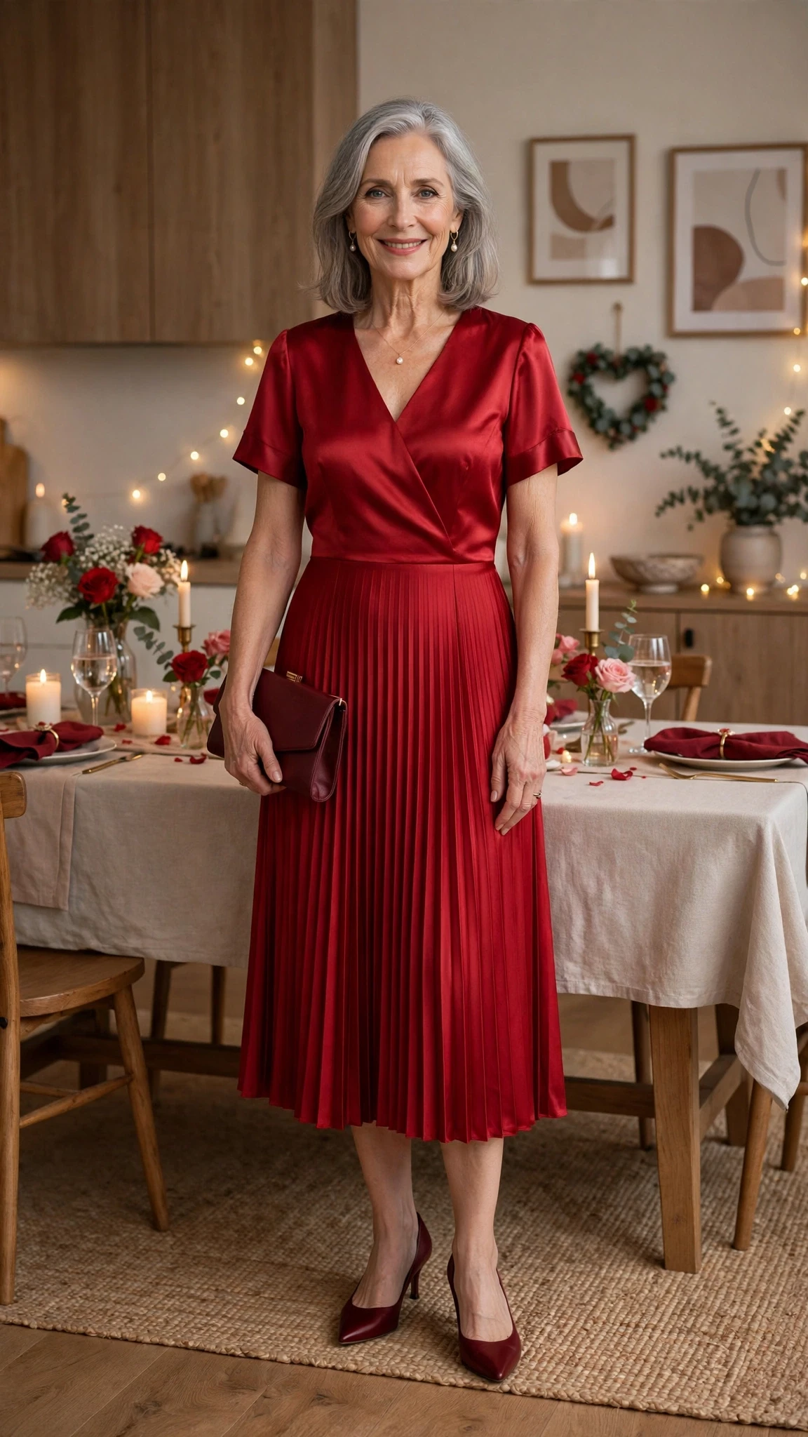 50 Women Over 60 Red Satin Dress Outfits for Valentine Dates That Are Chic, Romantic and Elegant 43 Red Satin Pleated Midi Dress with a burgundy clutch