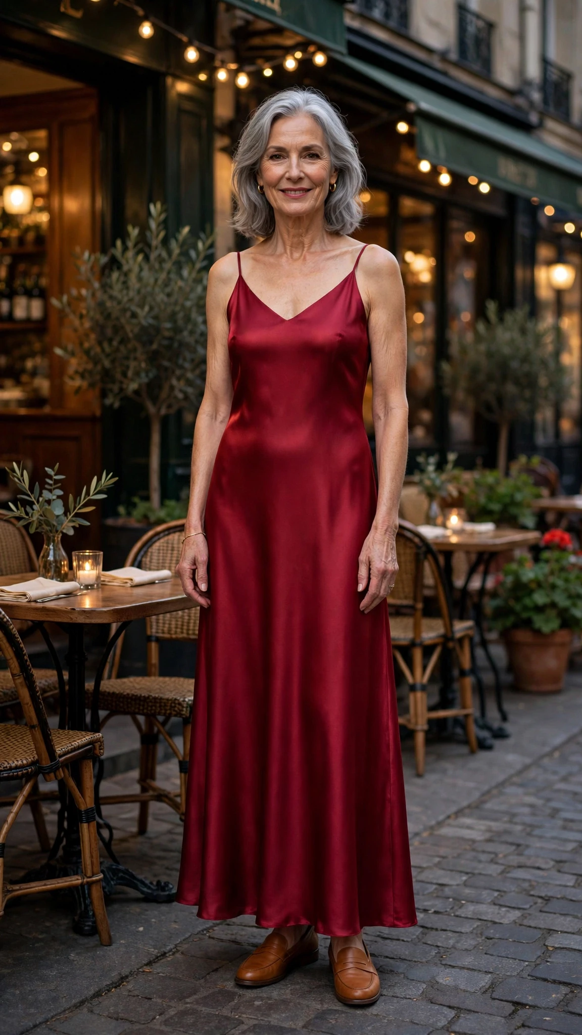 50 Women Over 60 Red Satin Dress Outfits for Valentine Dates That Are Chic, Romantic and Elegant 44 Ruby Satin Maxi Dress with tan leather loafers
