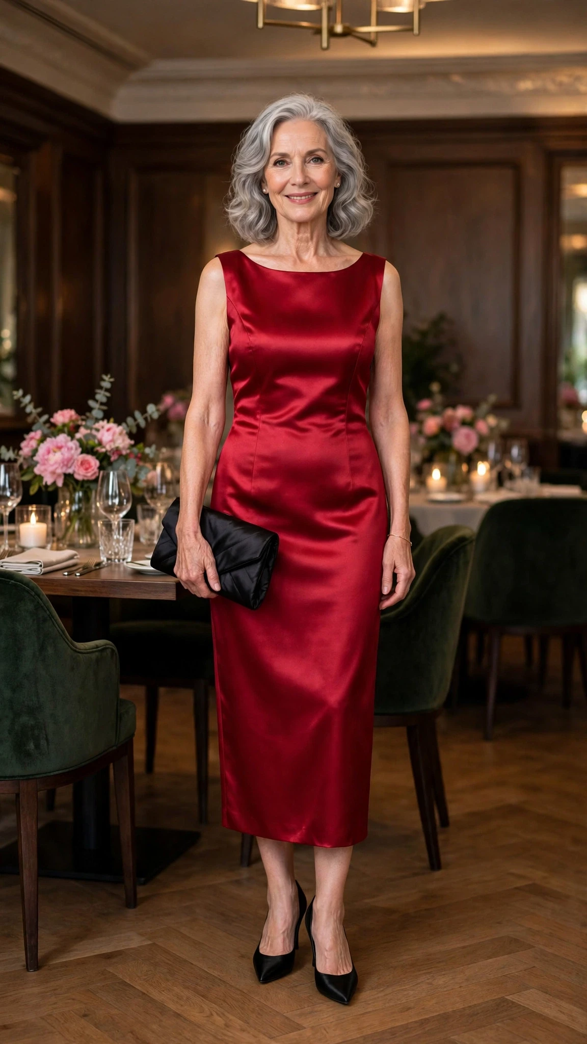 50 Women Over 60 Red Satin Dress Outfits for Valentine Dates That Are Chic, Romantic and Elegant 45 Cherry Satin Sheath Dress with a black satin clutch