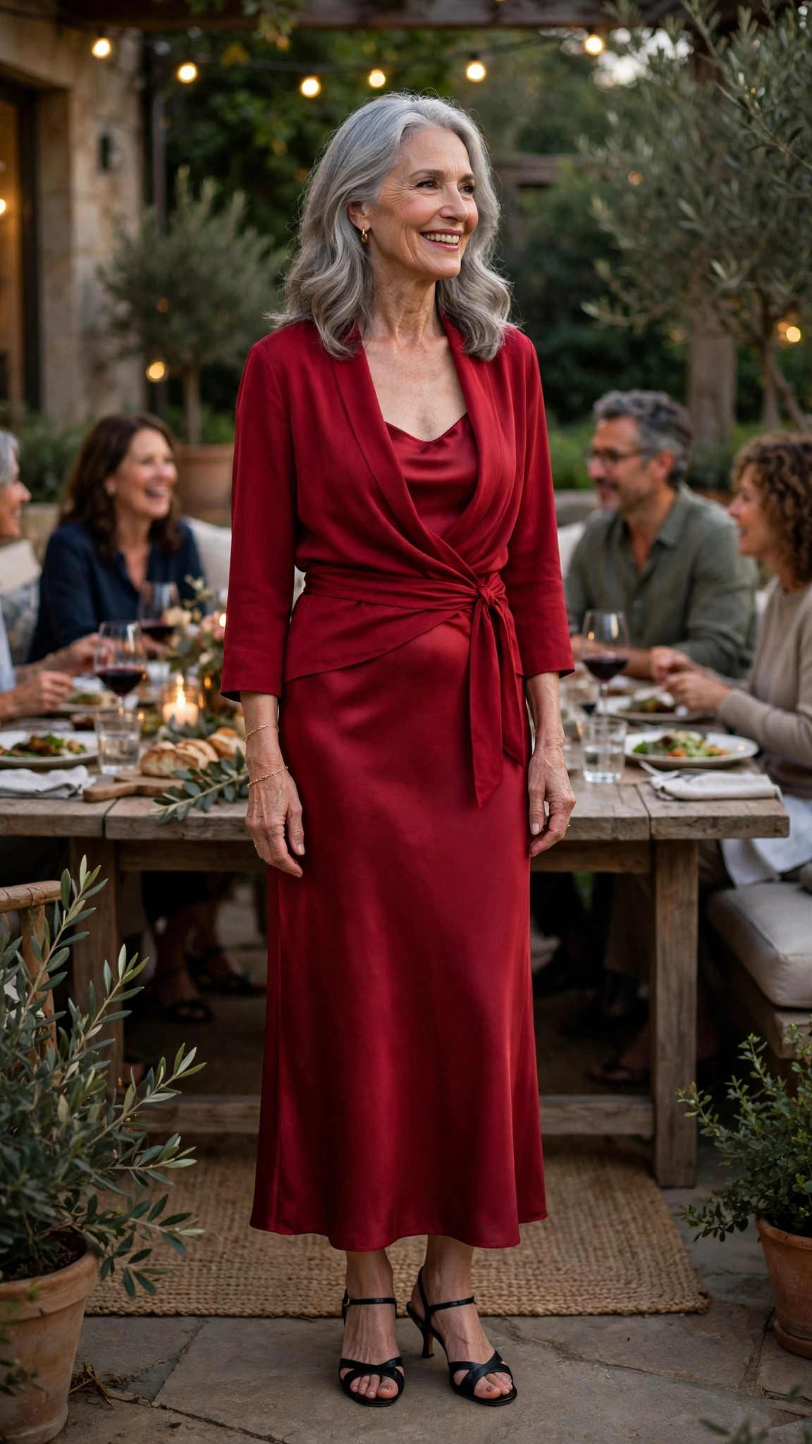 50 Women Over 60 Red Satin Dress Outfits for Valentine Dates That Are Chic, Romantic and Elegant 46 Cherry Satin Slip Dress with a Wrap Jacket with a delicate gold bracelet