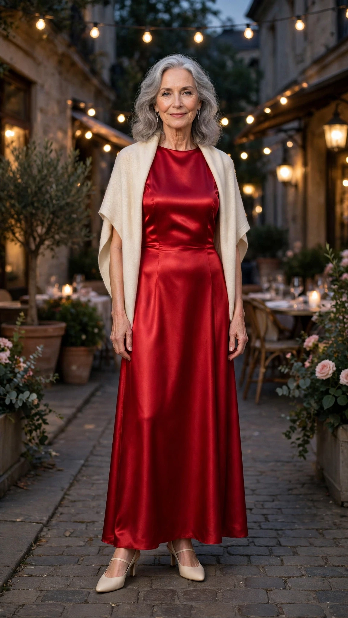 50 Women Over 60 Red Satin Dress Outfits for Valentine Dates That Are Chic, Romantic and Elegant 47 Red Satin Maxi Dress with a cream wrap