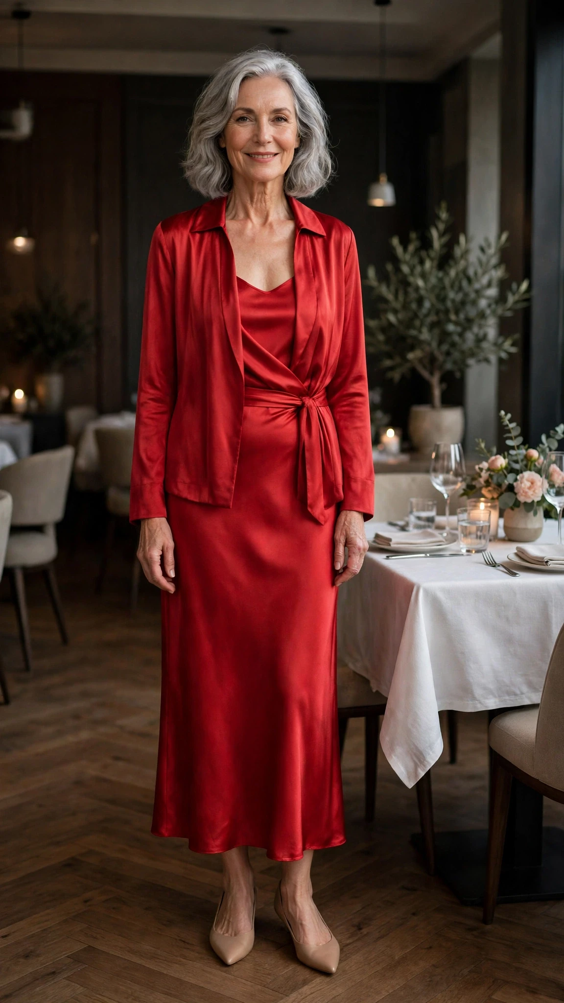 50 Women Over 60 Red Satin Dress Outfits for Valentine Dates That Are Chic, Romantic and Elegant 49 Scarlet Satin Slip Dress with a Wrap Jacket with nude pointed flats