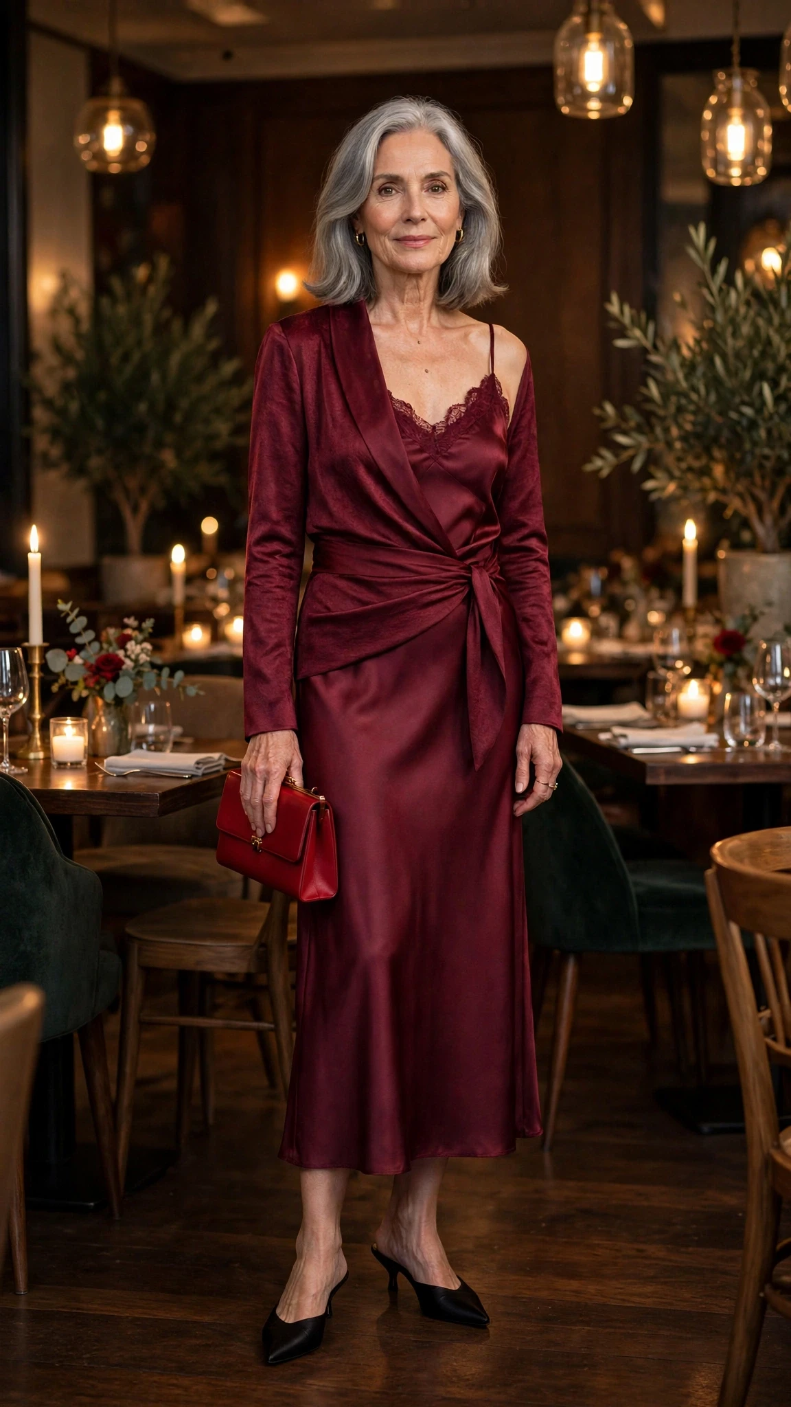 50 Women Over 60 Red Satin Dress Outfits for Valentine Dates That Are Chic, Romantic and Elegant 50 Burgundy Satin Slip Dress with a Wrap Jacket with a red clutch