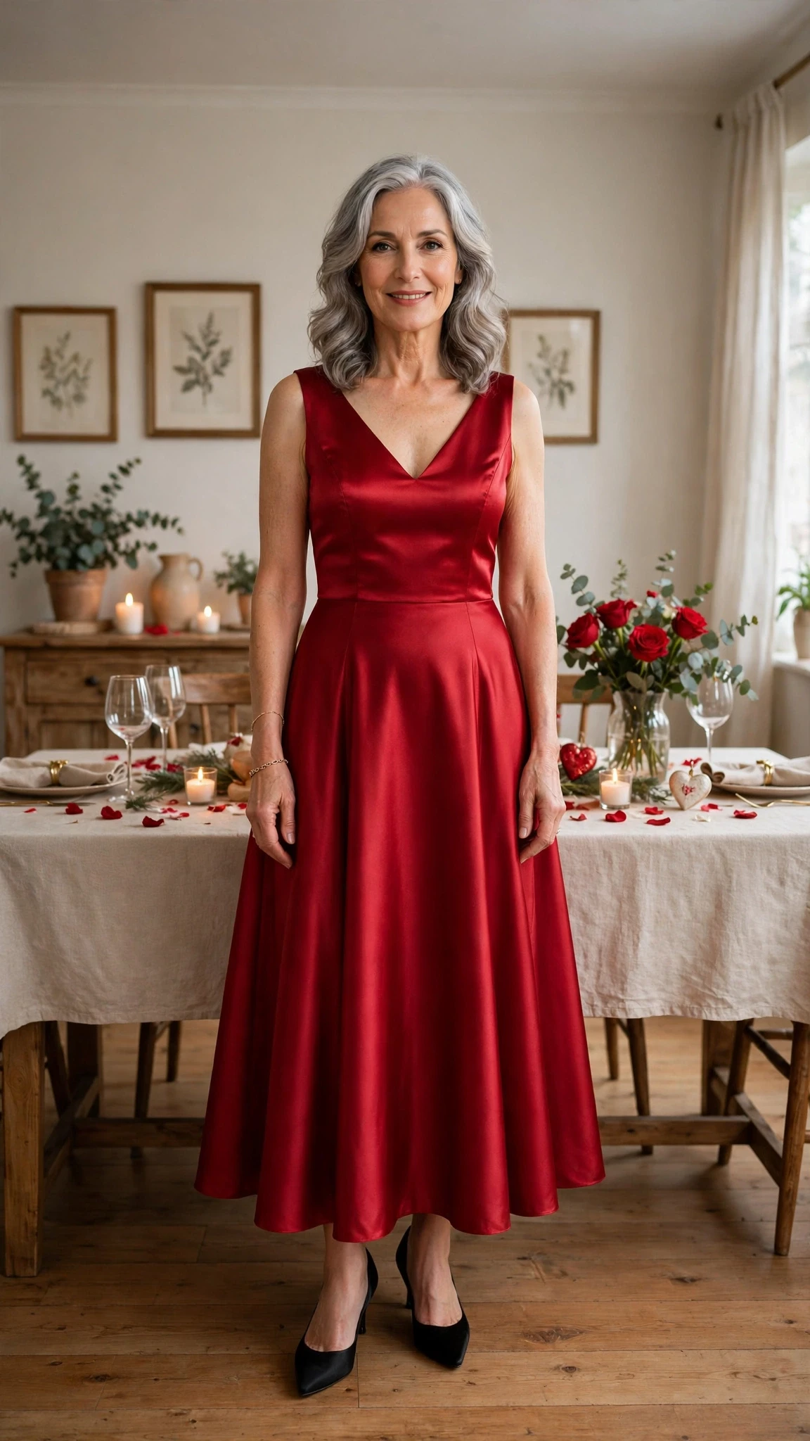 50 Women Over 60 Red Satin Dress Outfits for Valentine Dates That Are Chic, Romantic and Elegant 51 Red Satin A-Line Dress with a delicate gold bracelet