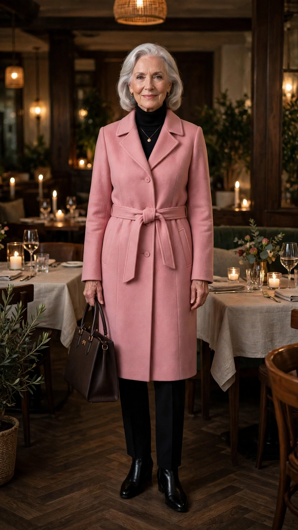 Rose Pink Belted Coat with a structured tote