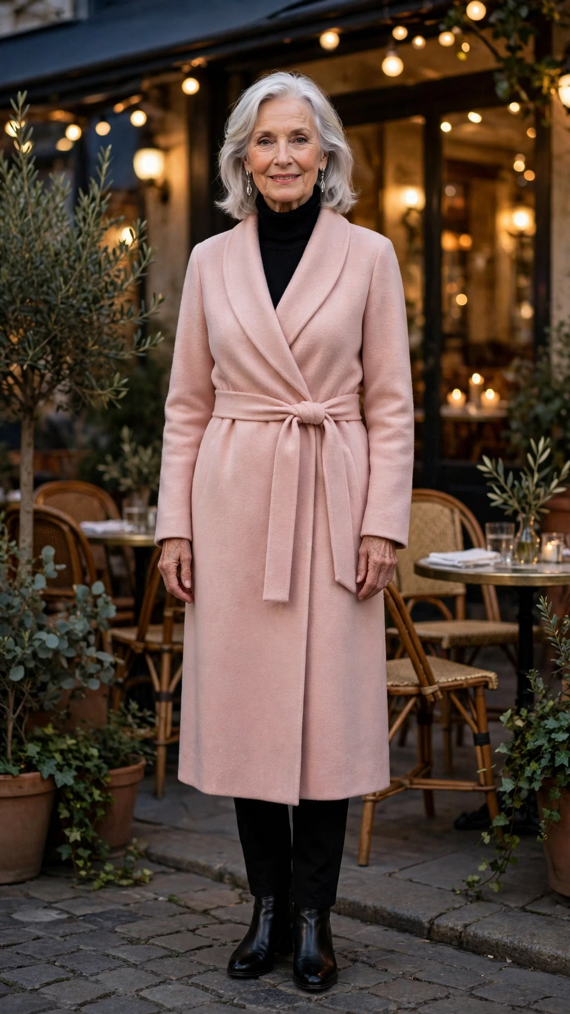 Blush Pink Wrap Coat with silver drop earrings