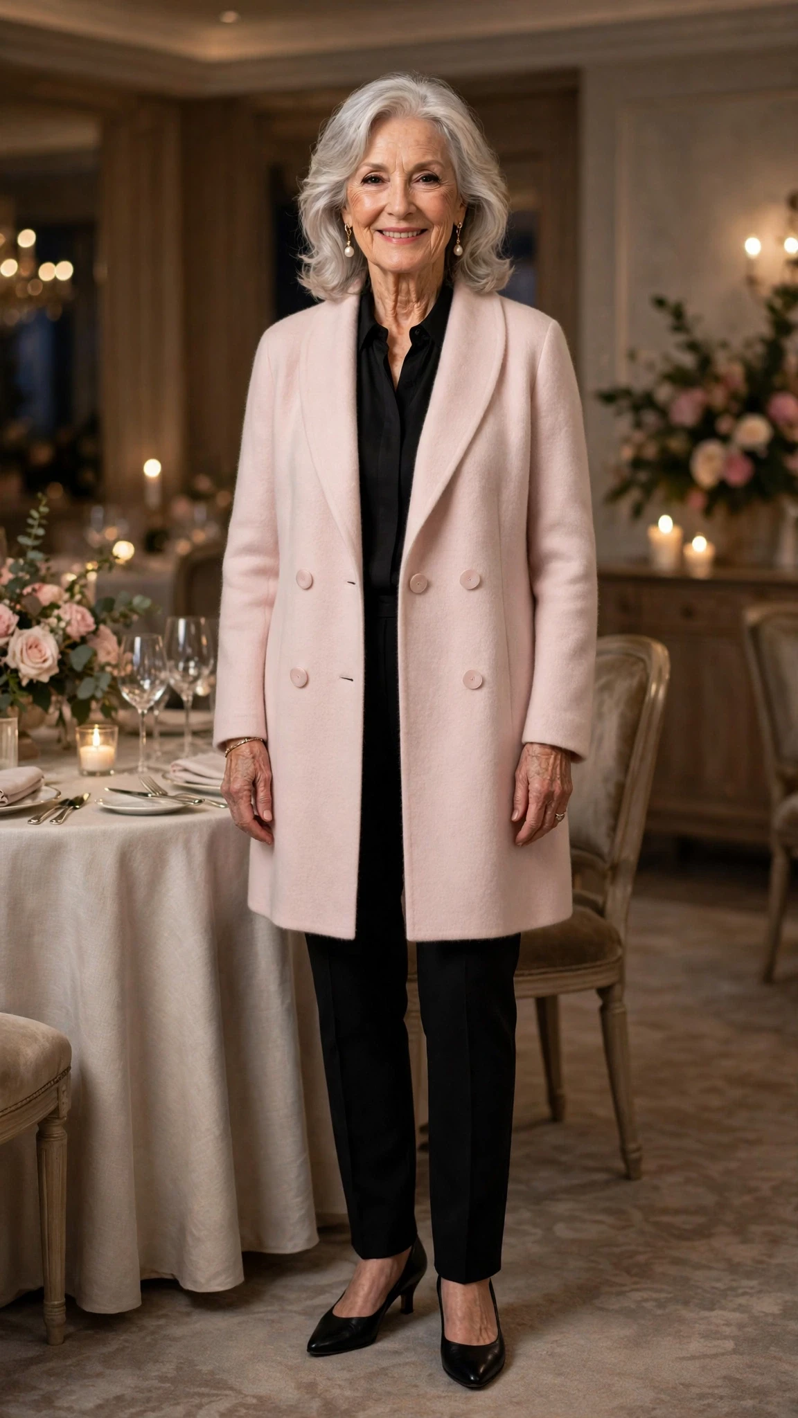Pale Pink Cashmere Coat with pearl drop earrings