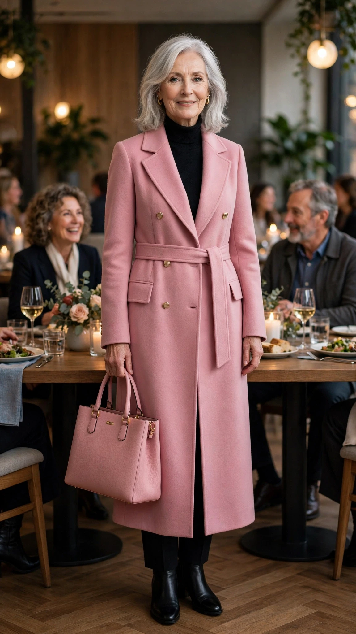 Rose Pink Long Coat with a structured tote