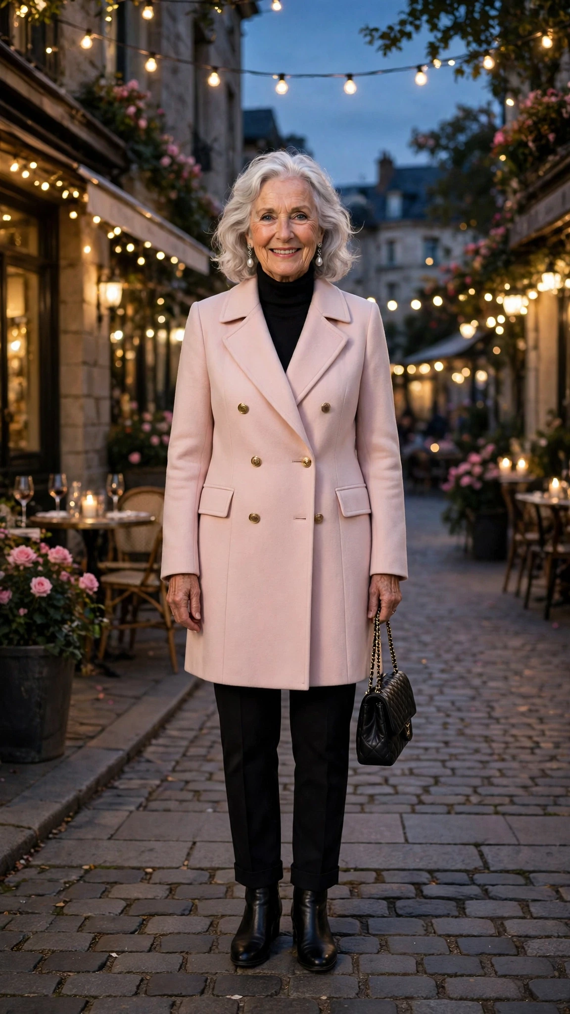 Pale Pink Double-Breasted Coat with pearl drop earrings