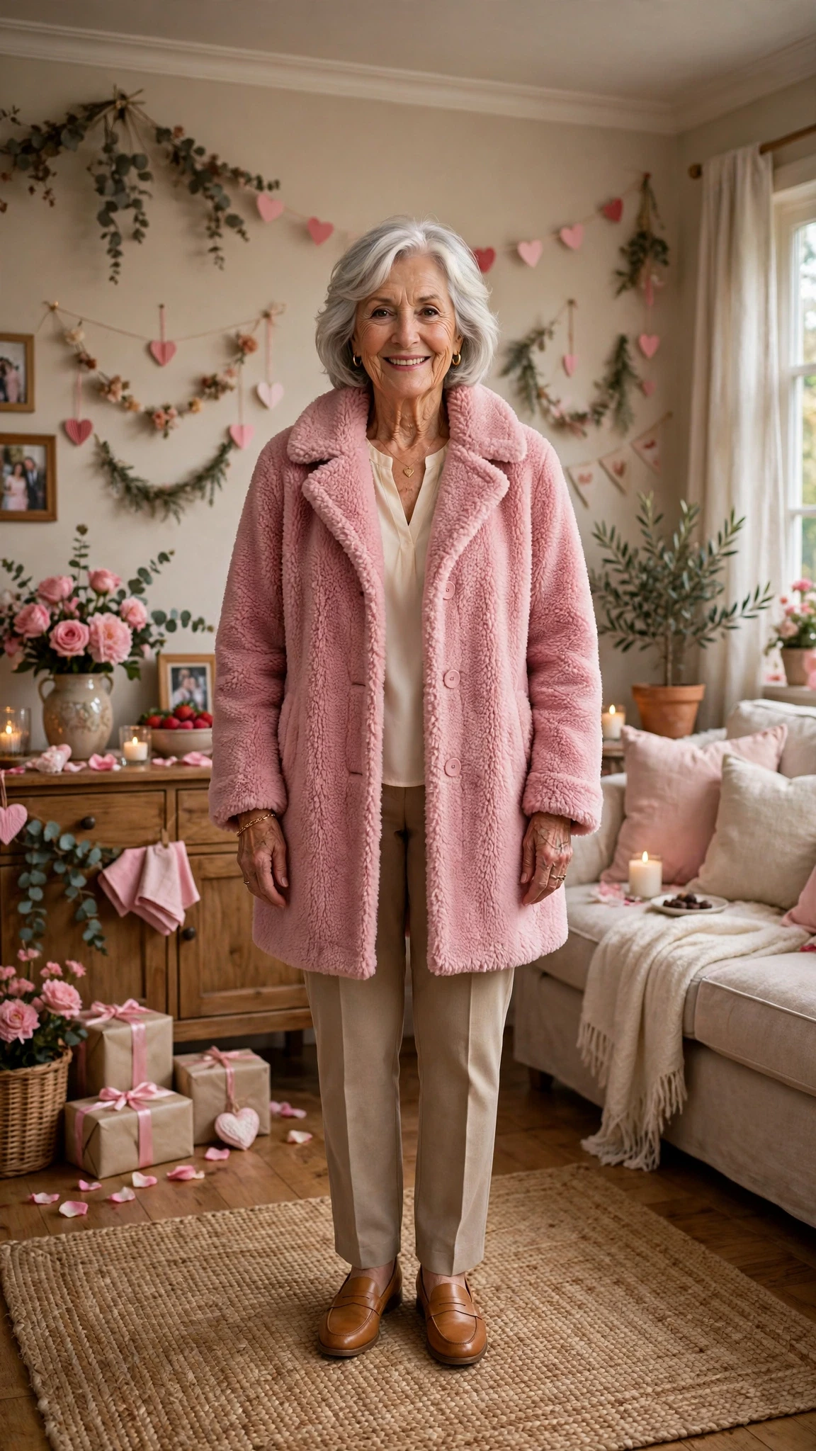 Rose Pink Teddy Coat with tan leather loafers
