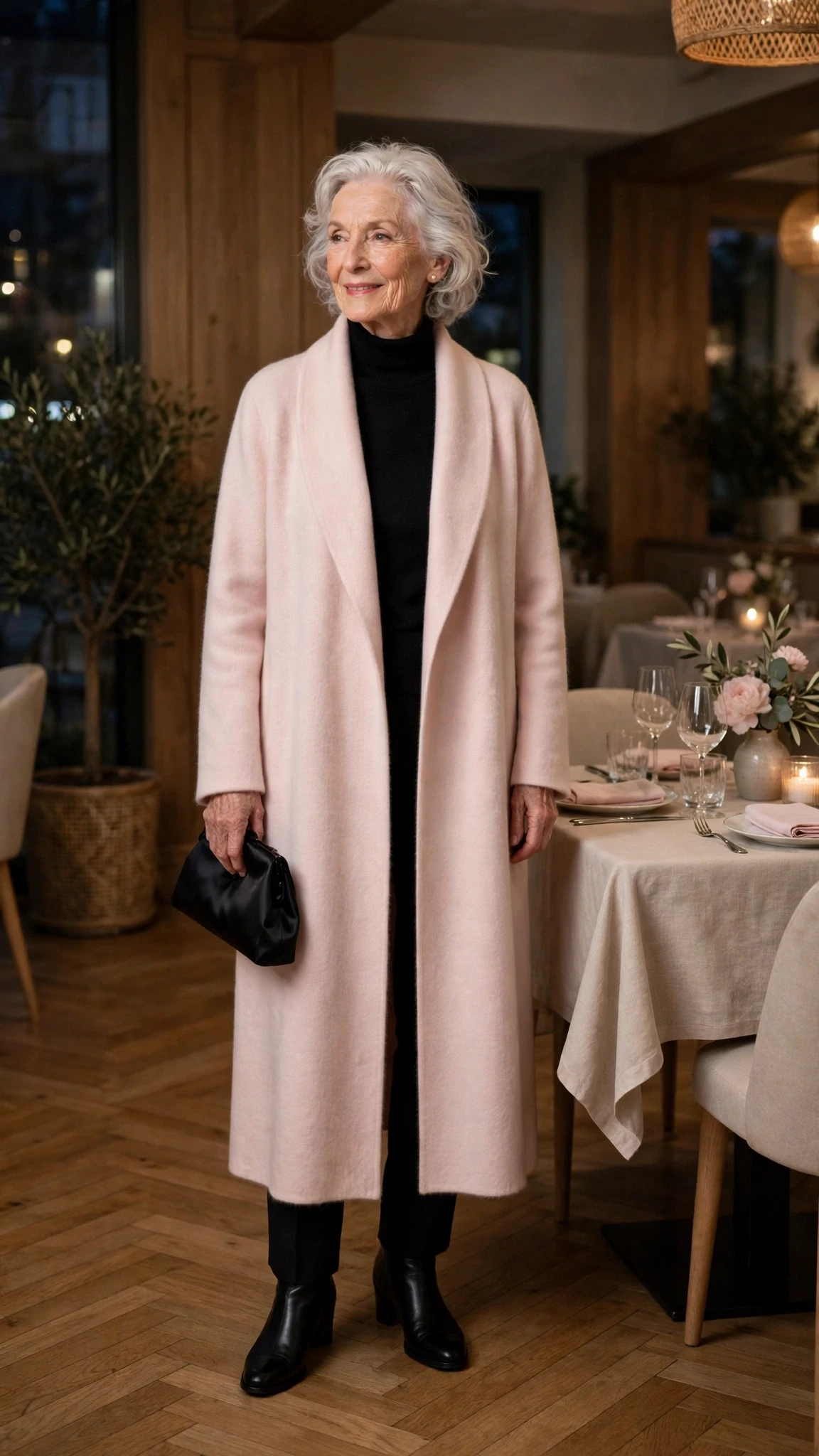 Pale Pink Cashmere Coat with a black satin clutch