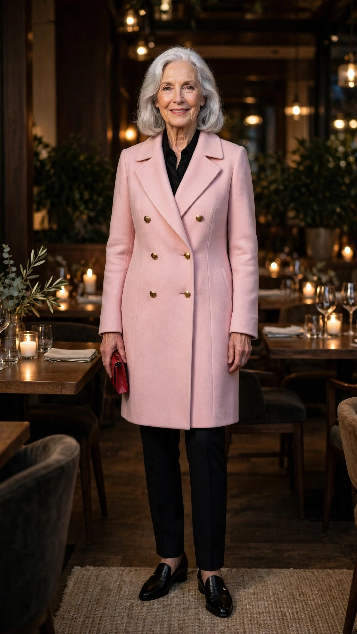 Soft Pink Double-Breasted Coat with a red clutch