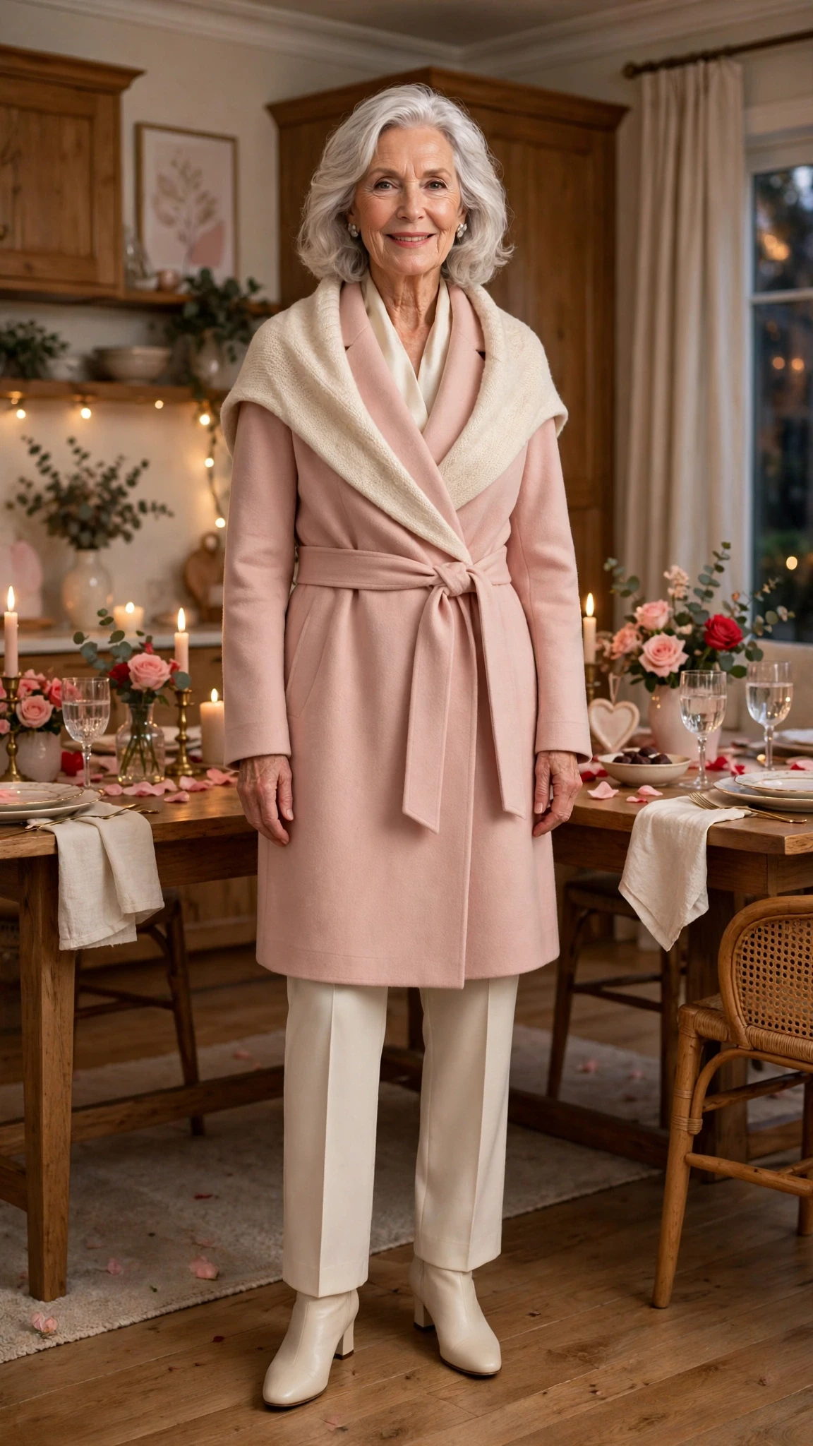 Blush Pink Wrap Coat with a cream wrap
