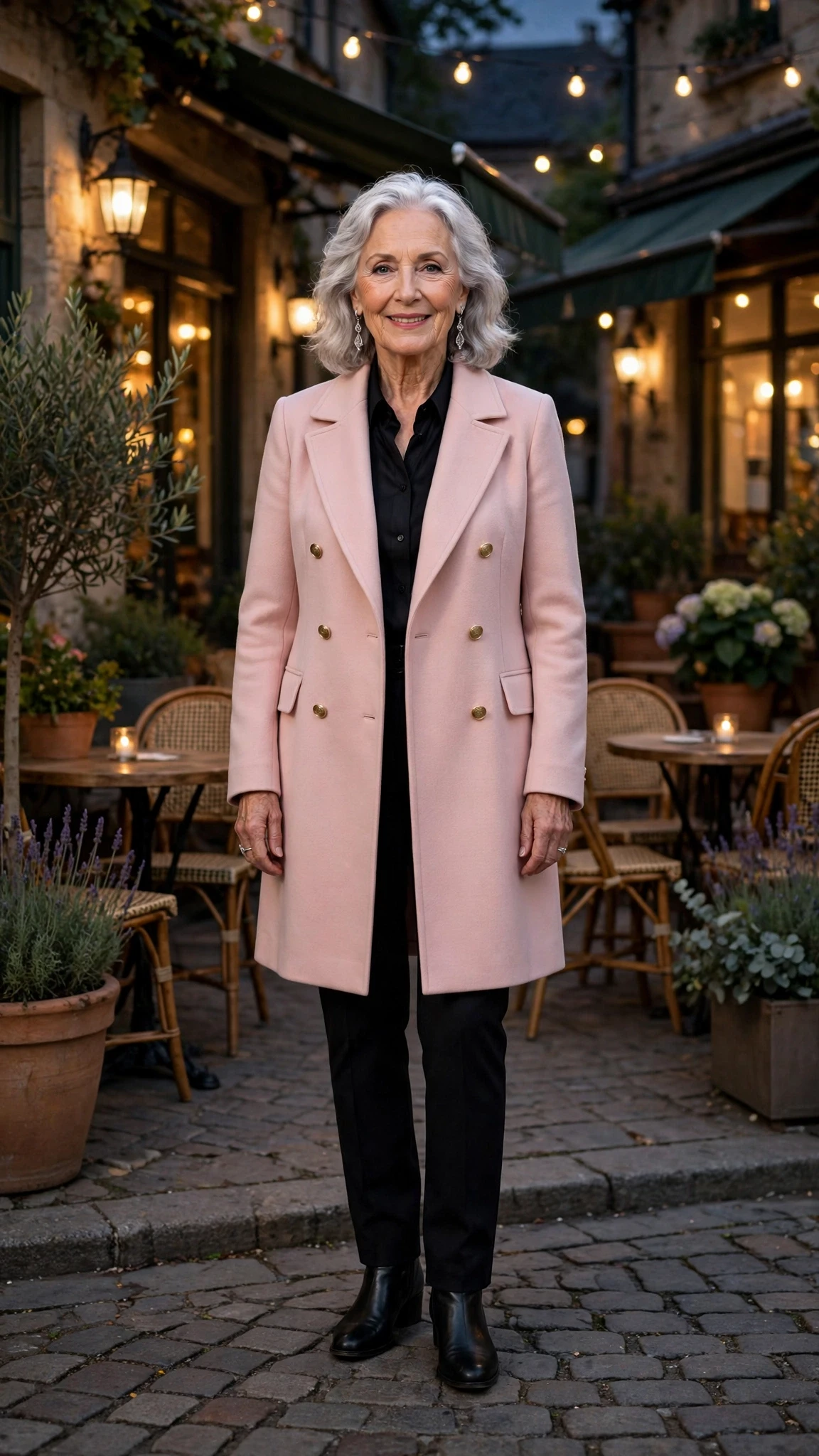 Blush Pink Double-Breasted Coat with silver drop earrings