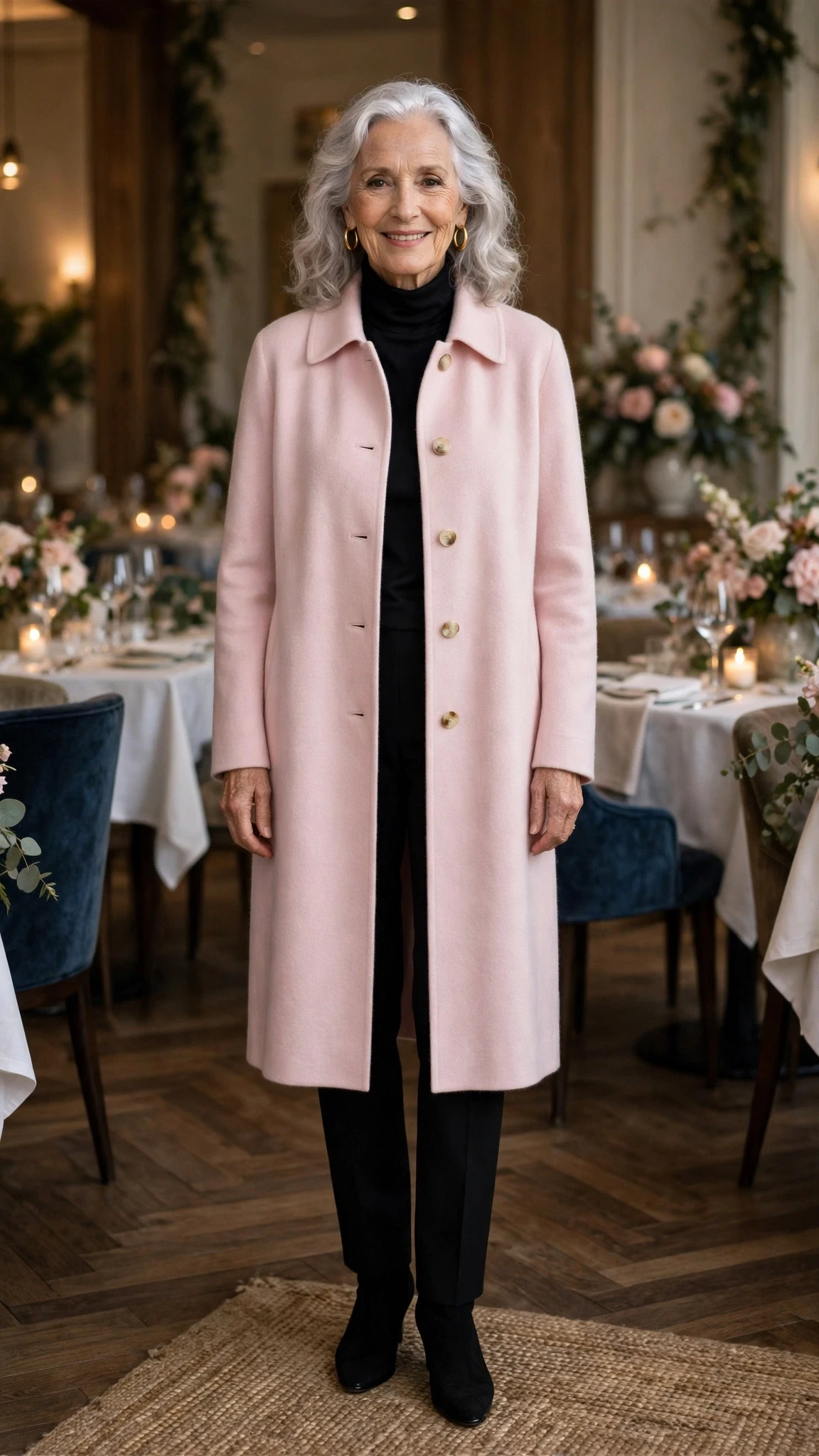 Pale Pink Cashmere Coat with gold hoop earrings