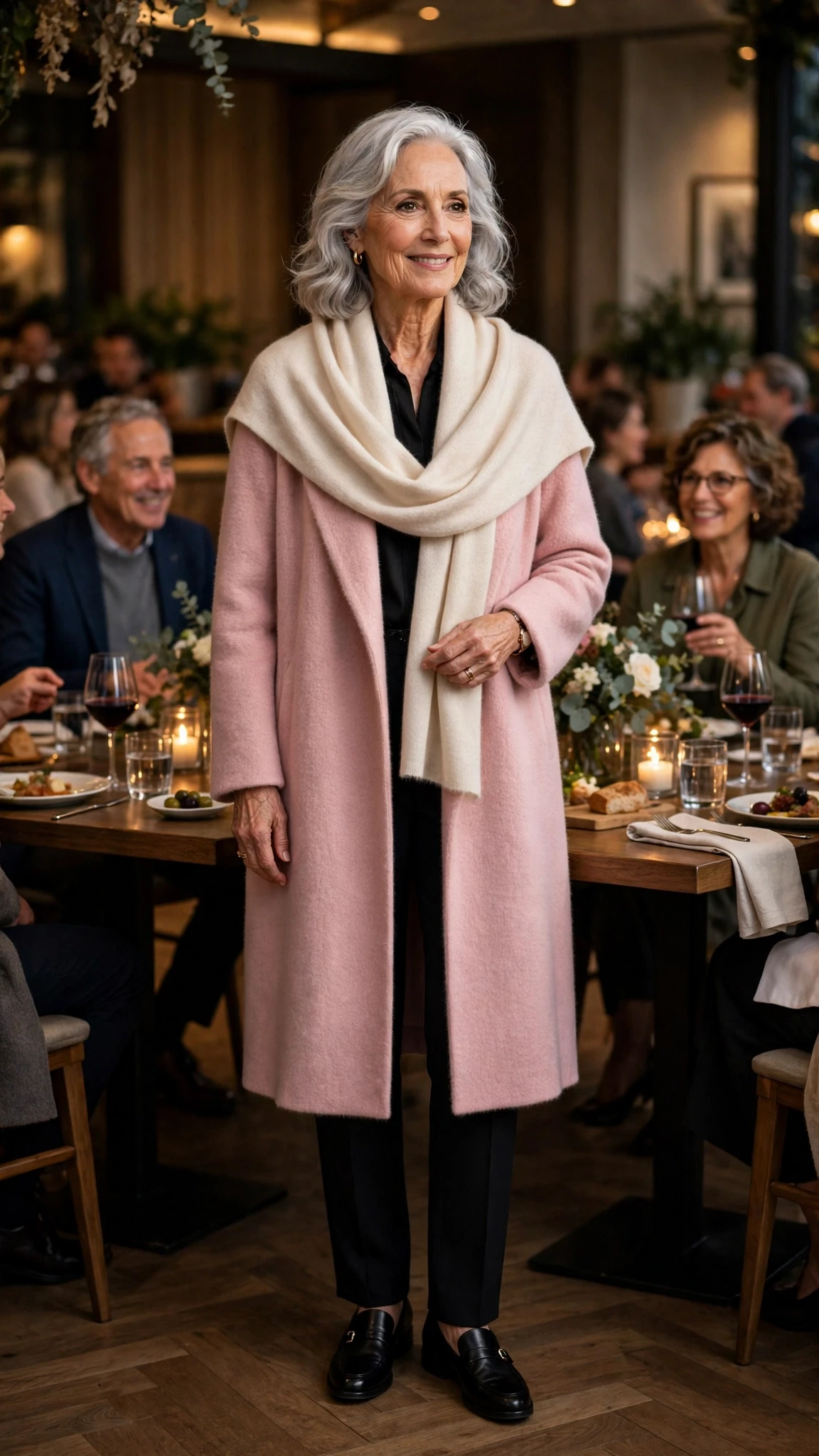 Soft Pink Cashmere Coat with a cream wrap