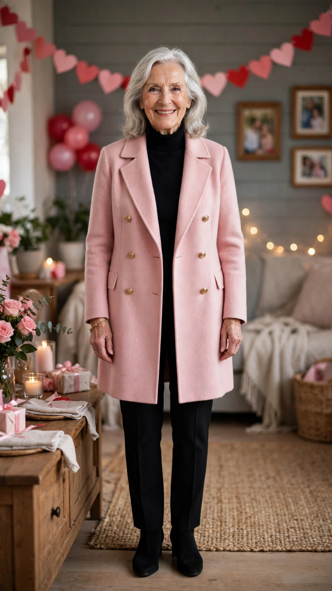 Soft Pink Double-Breasted Coat with a delicate gold bracelet