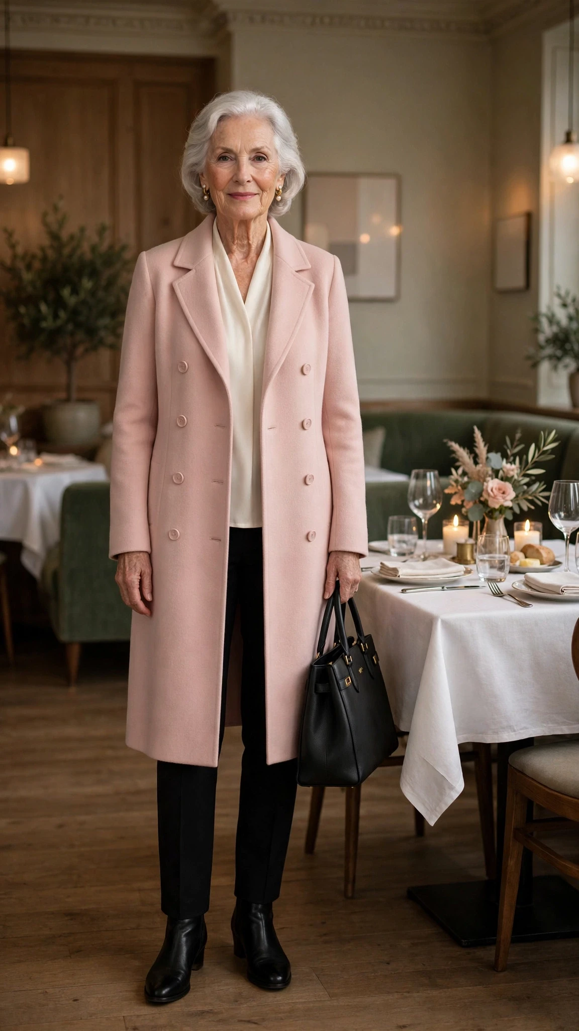 Blush Pink Cashmere Coat with a structured tote