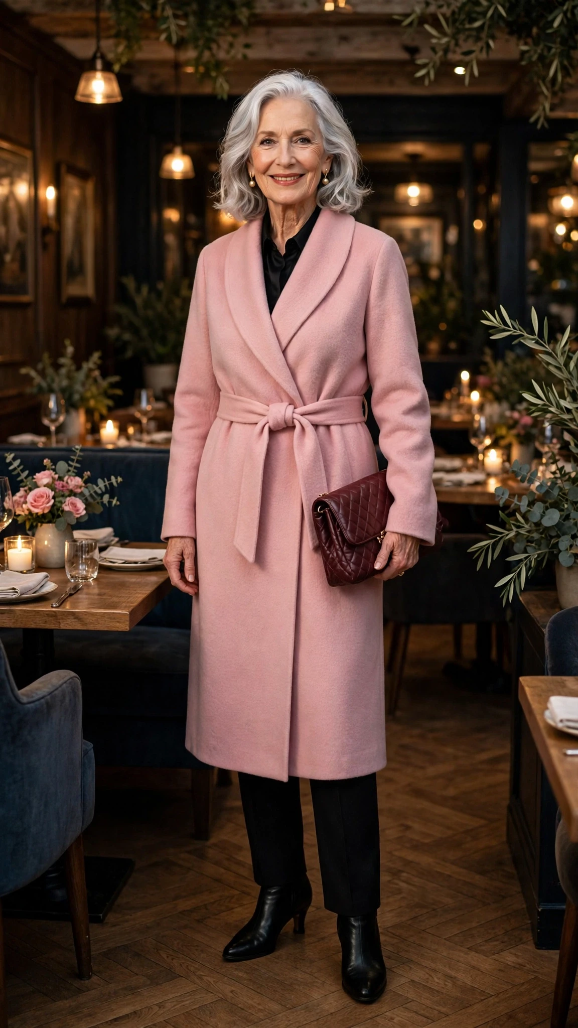 Rose Pink Wrap Coat with a burgundy clutch