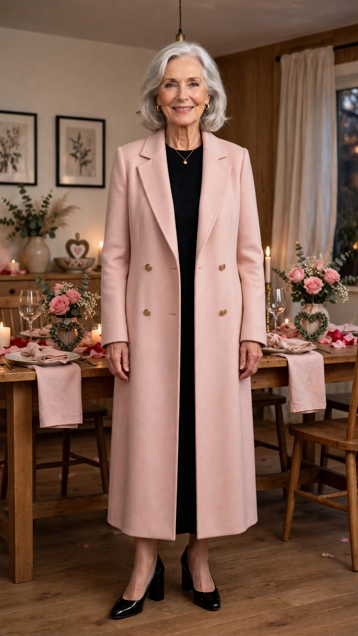 Blush Pink Long Coat with black block-heel pumps
