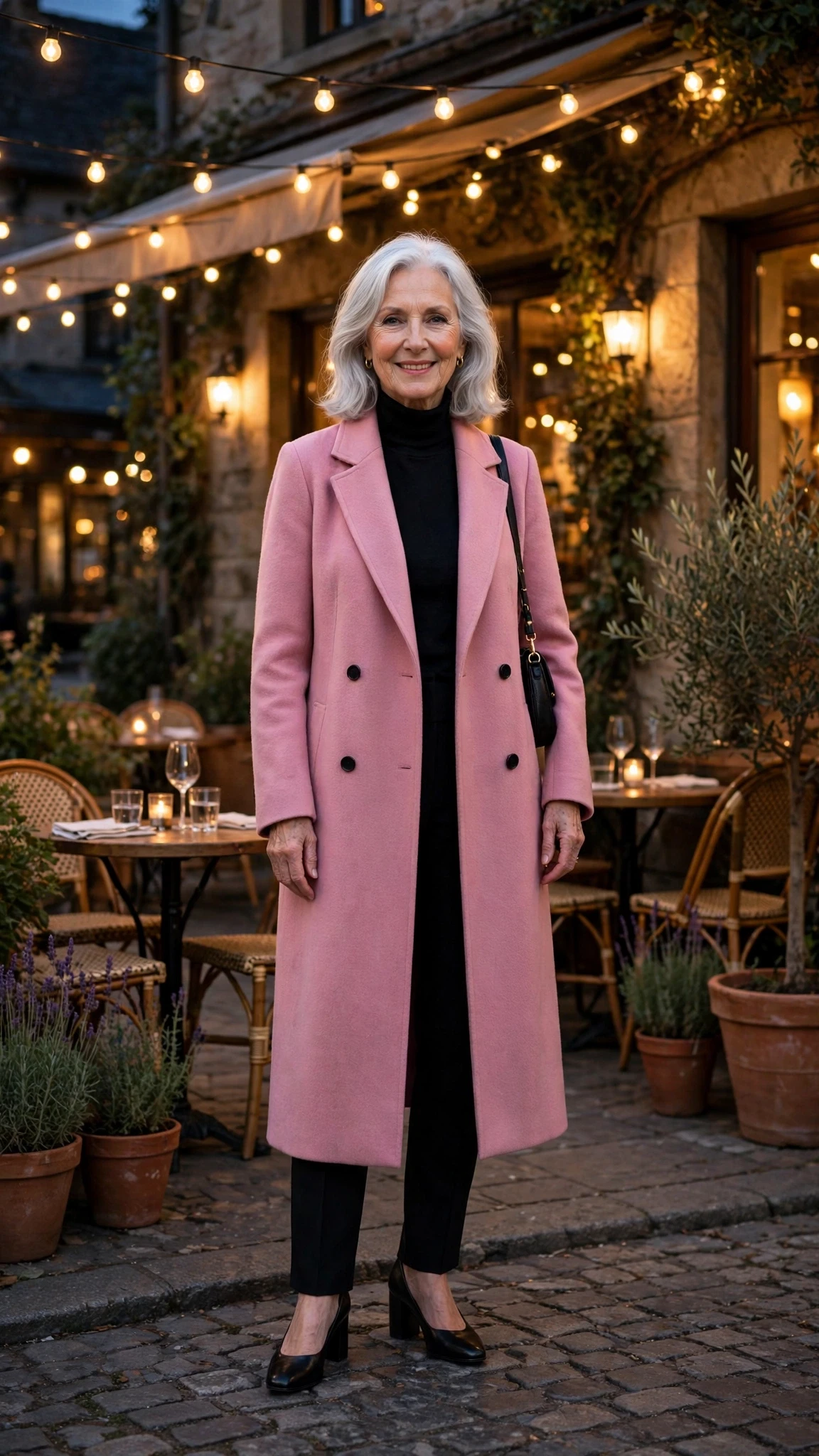 Rose Pink Long Coat with black block-heel pumps