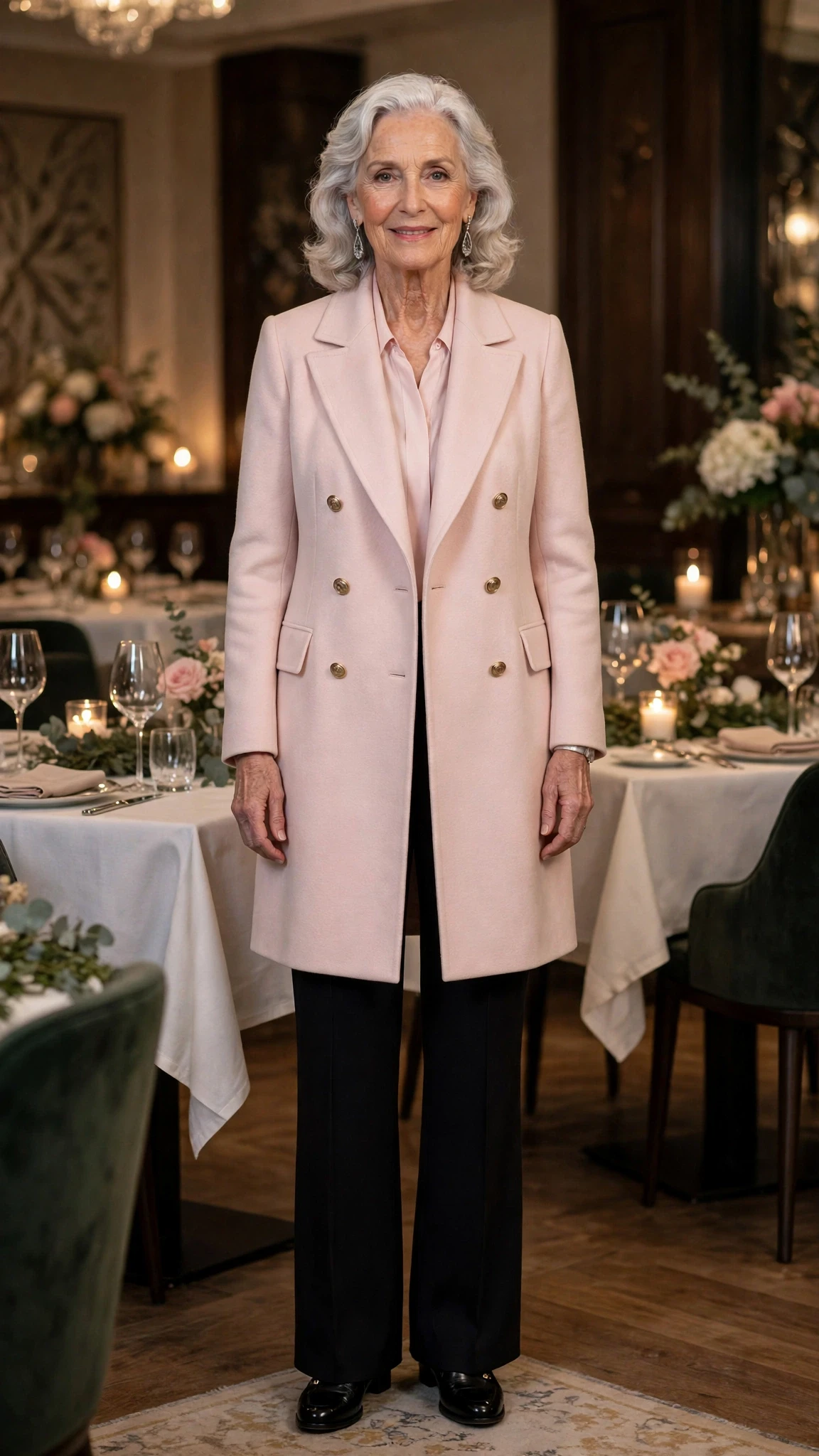 Pale Pink Double-Breasted Coat with silver drop earrings