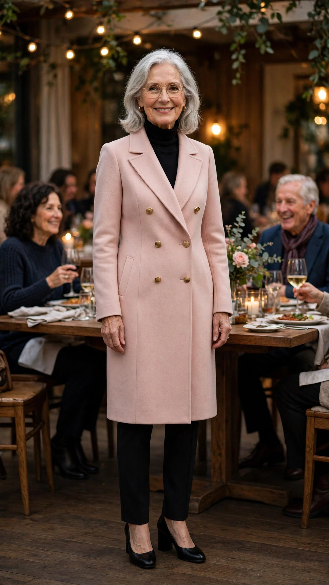 Blush Pink Double-Breasted Coat with black block-heel pumps