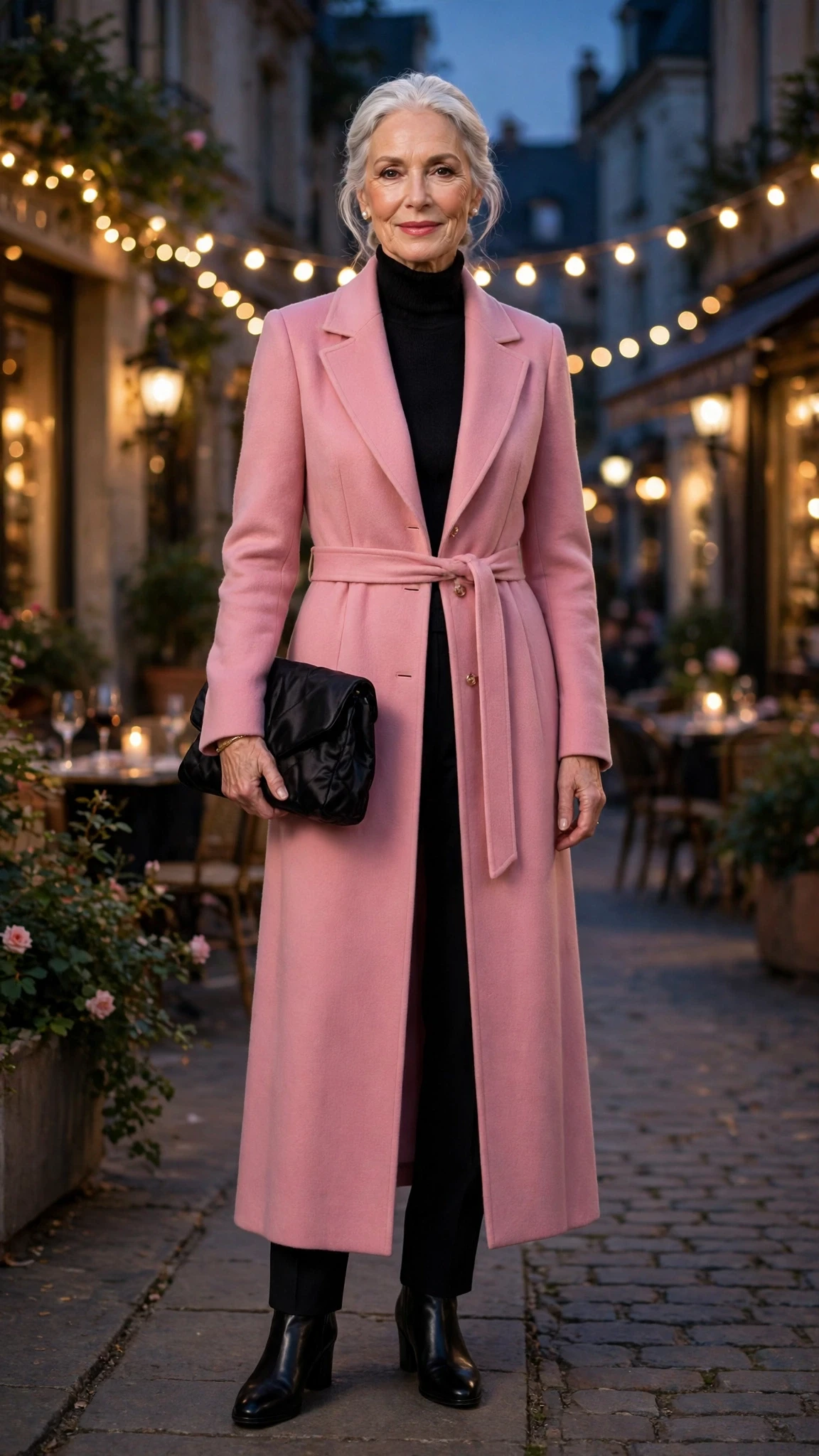 Rose Pink Long Coat with a black satin clutch