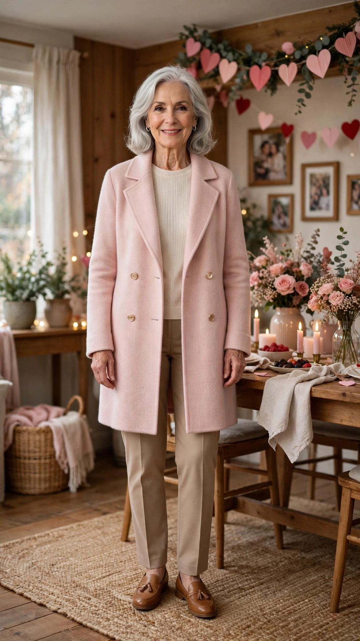 Blush Pink Cashmere Coat with tan leather loafers