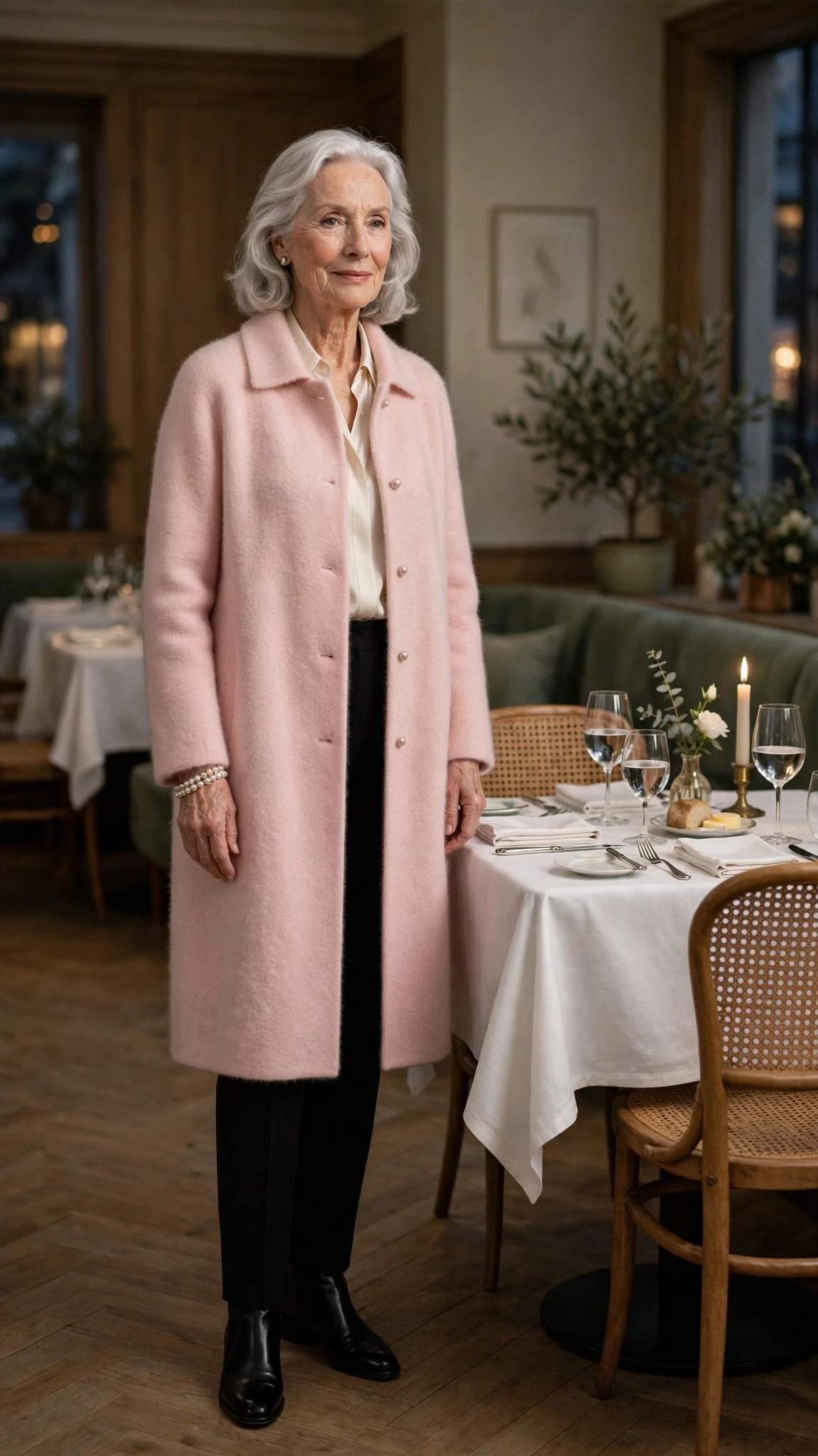 Soft Pink Cashmere Coat with a pearl bracelet