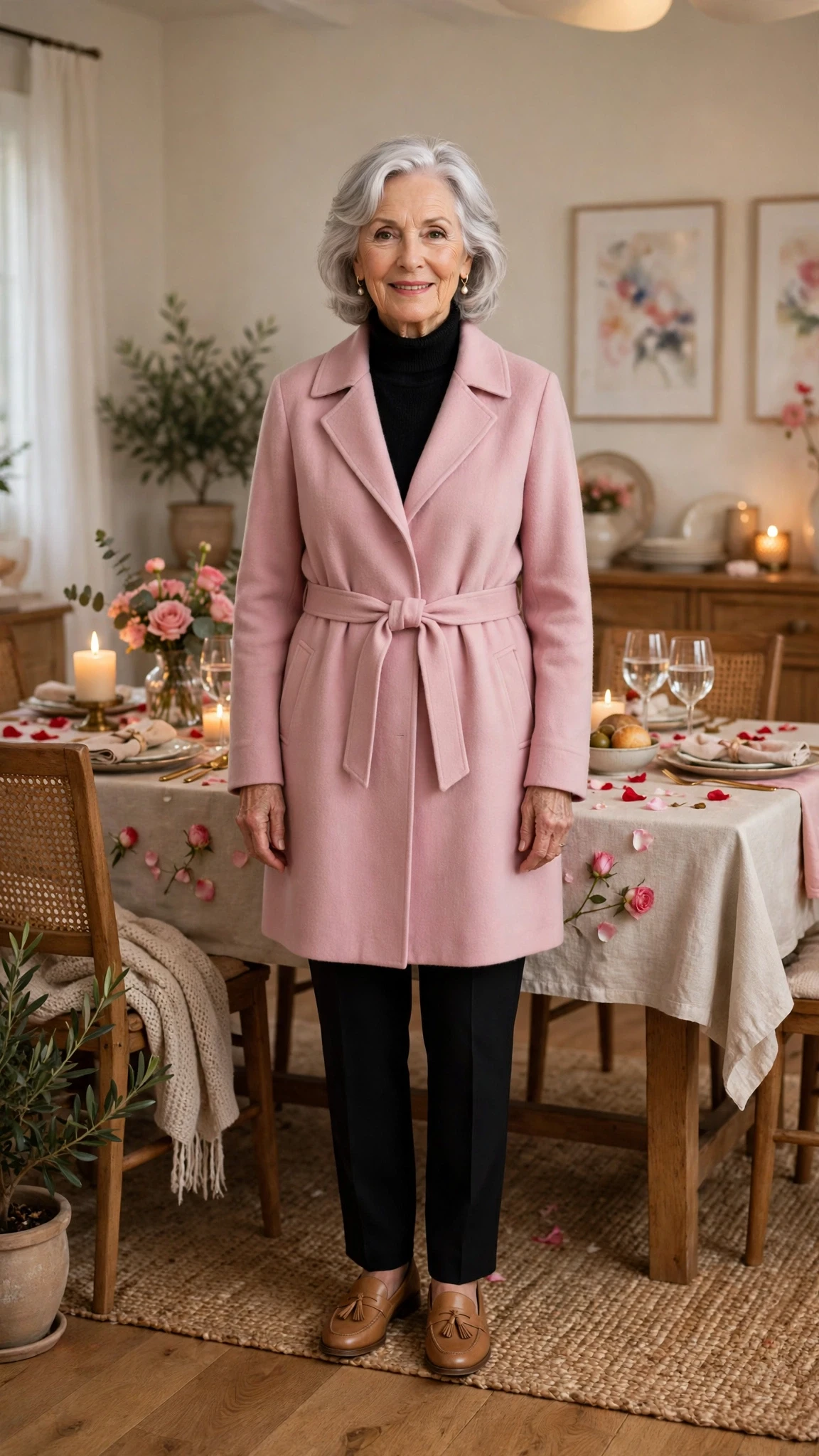 Soft Pink Belted Coat with tan leather loafers