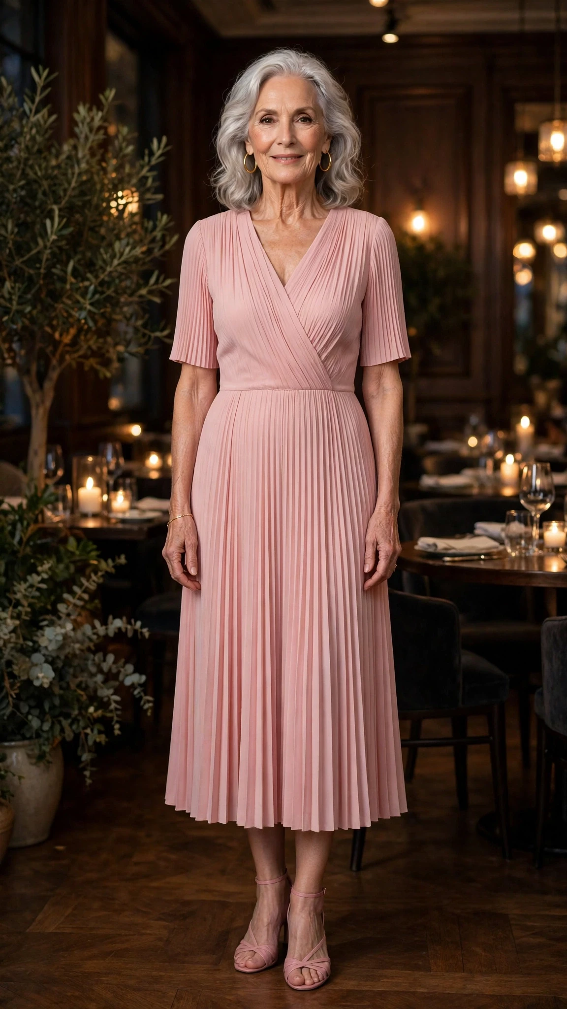 Pink Pleated Midi Dress with gold hoop earrings